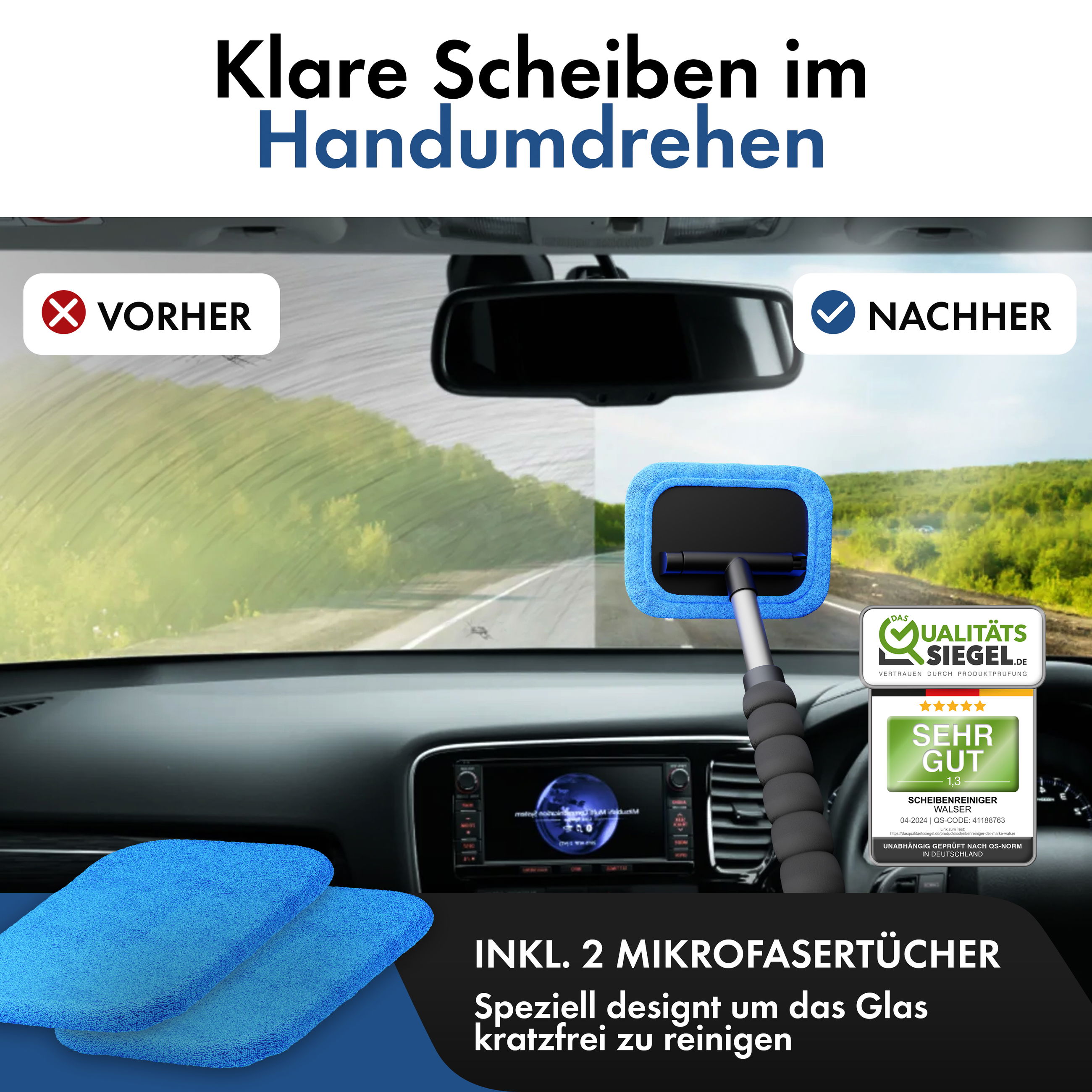 Auto-Windschutzscheiben-Reinigungsset – Mit Ausziehbarem Griff & 4 Mikrofasertüchern, Für Innen