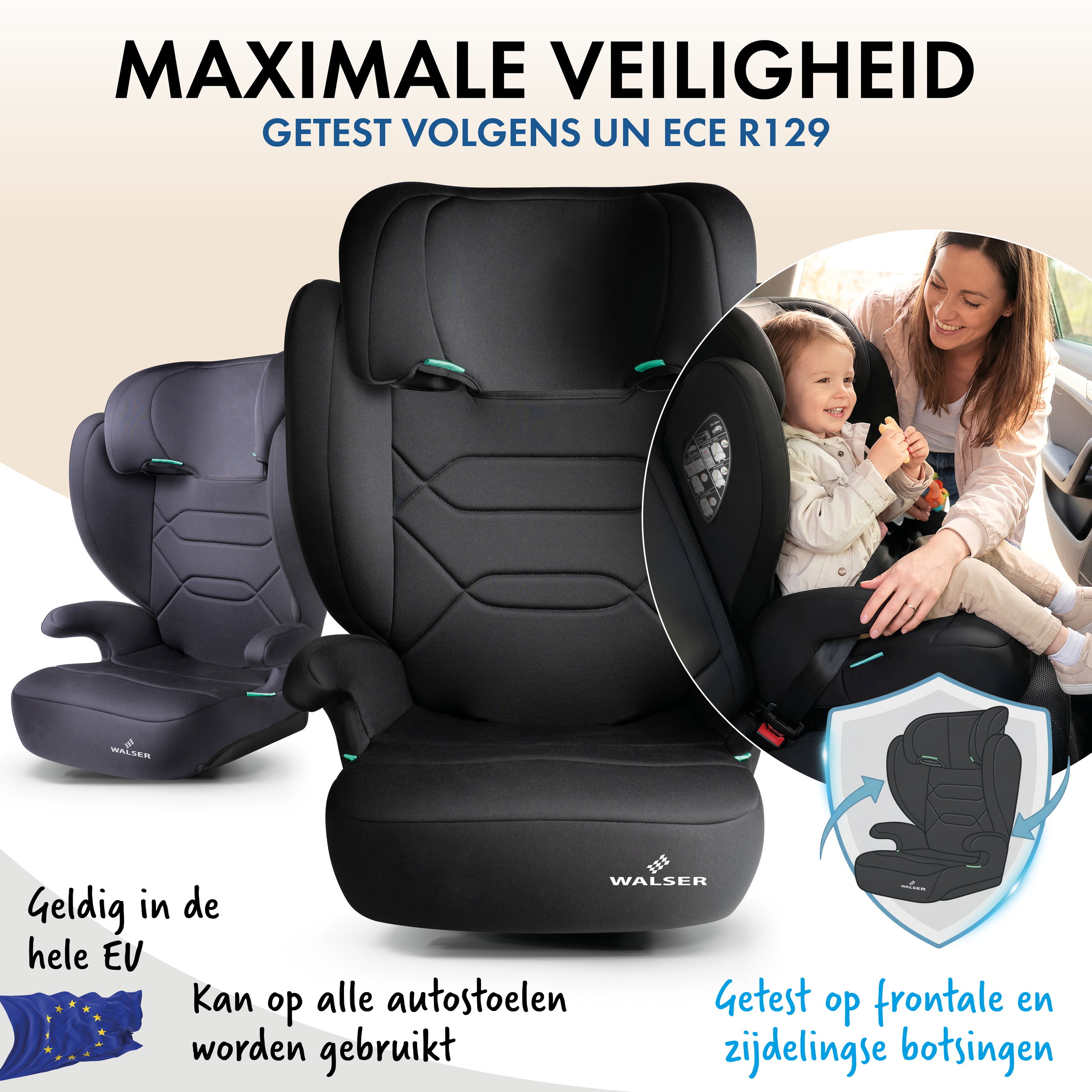 Autokinderzitje Numa, comfortabel kinderzitje (3-8 jaar) 100-150 cm, 2in1 autokinderzitje met afneembare rugleuning en verstelbare hoofdsteun ECE R 129 gecertificeerd zwart