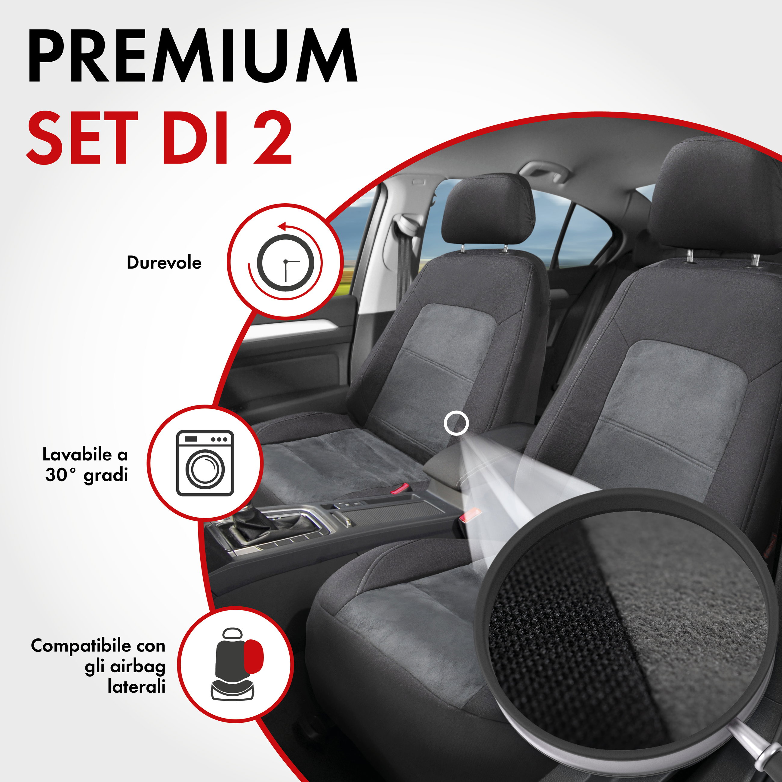 ZIPP IT Premium Coprisedili Ellington per due sedili anteriori con sistema di chiusura lampo nero/grigio