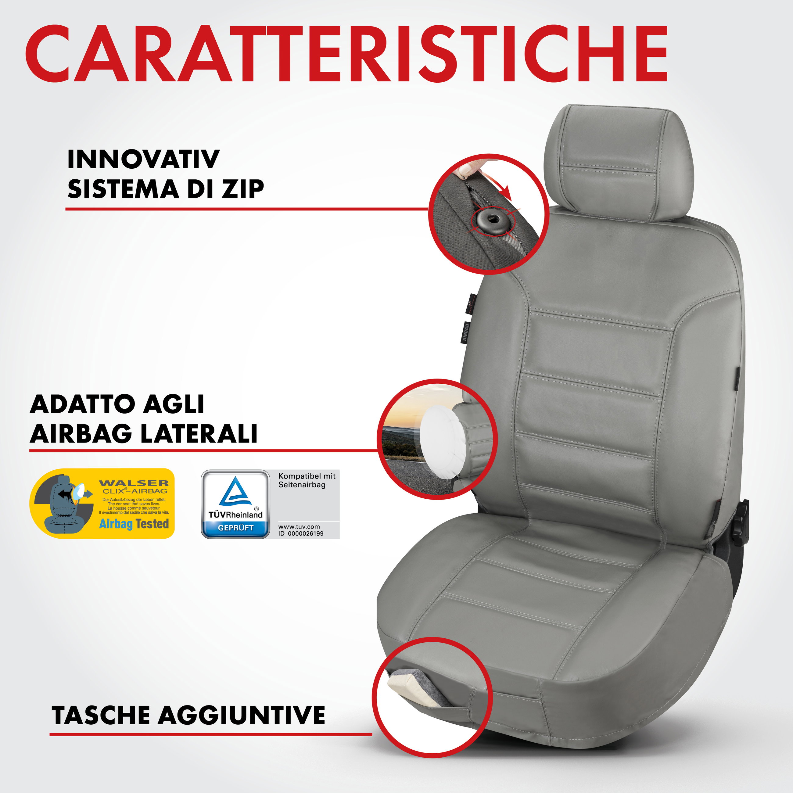 Coprisedili auto Billy in vera pelle grigio ZIPP-IT, 1 pezzo