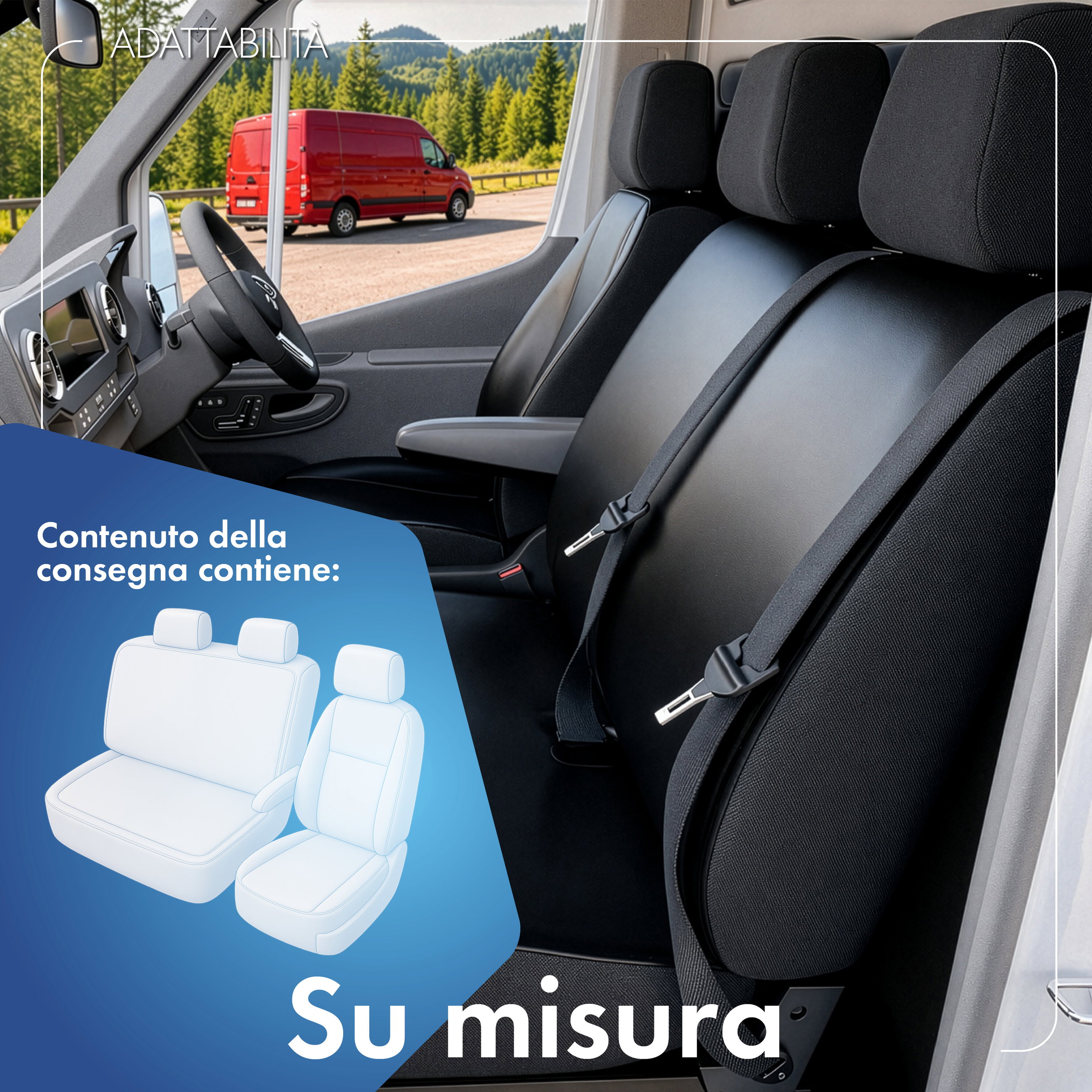 Transporter Coprisedili in similpelle per Citroen Jumper II, Peugeot Boxer, Fiat Ducato, 1 sedile singolo anteriore (incavo per il bracciolo a destra) e panca doppia