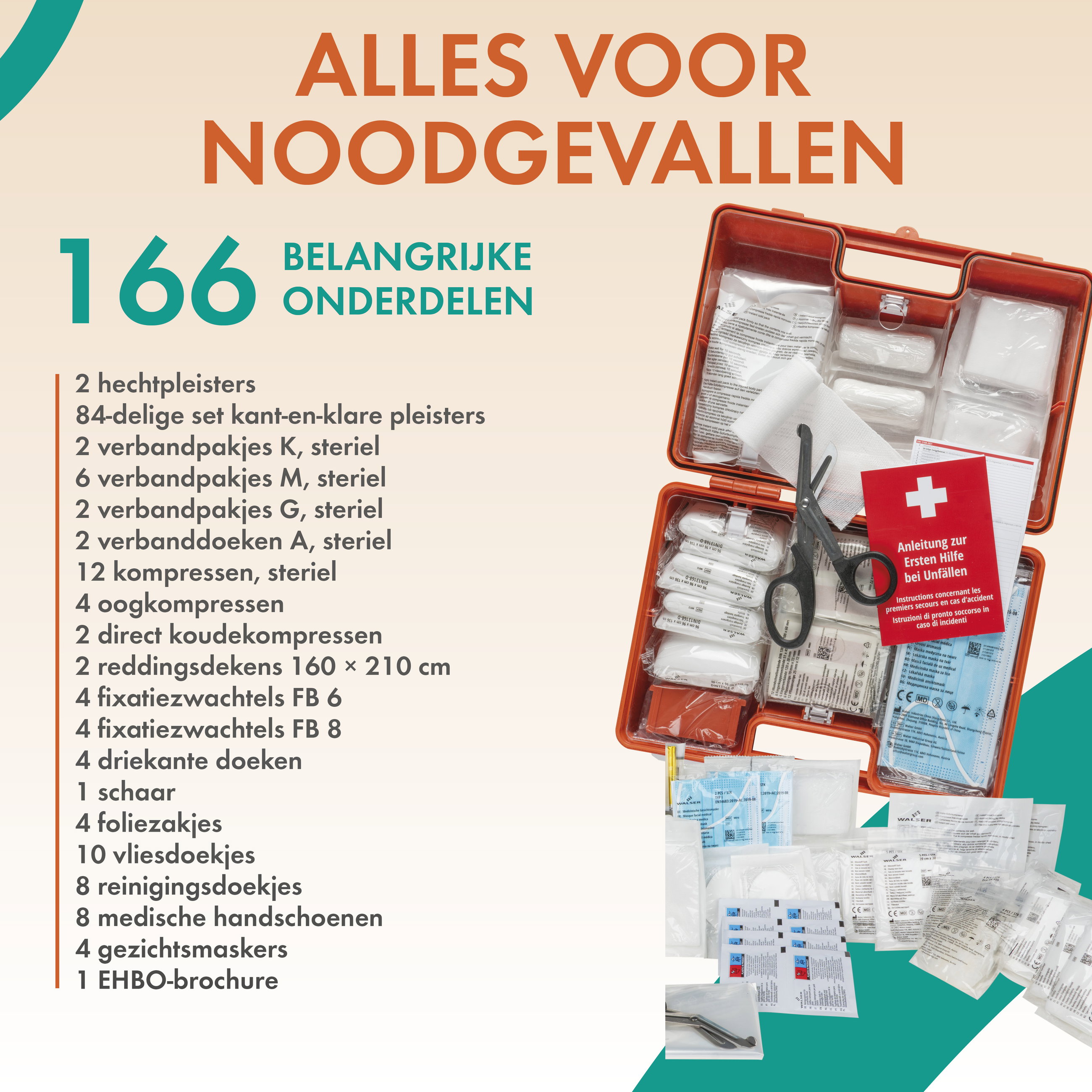 EHBO-set volgens DIN 13169:2021, bedrijfsverbandkoffer incl. wandhouder, EHBO-koffer met 166 onderdelen, voor bedrijven vanaf 50 personen, voor kantoor/thuis