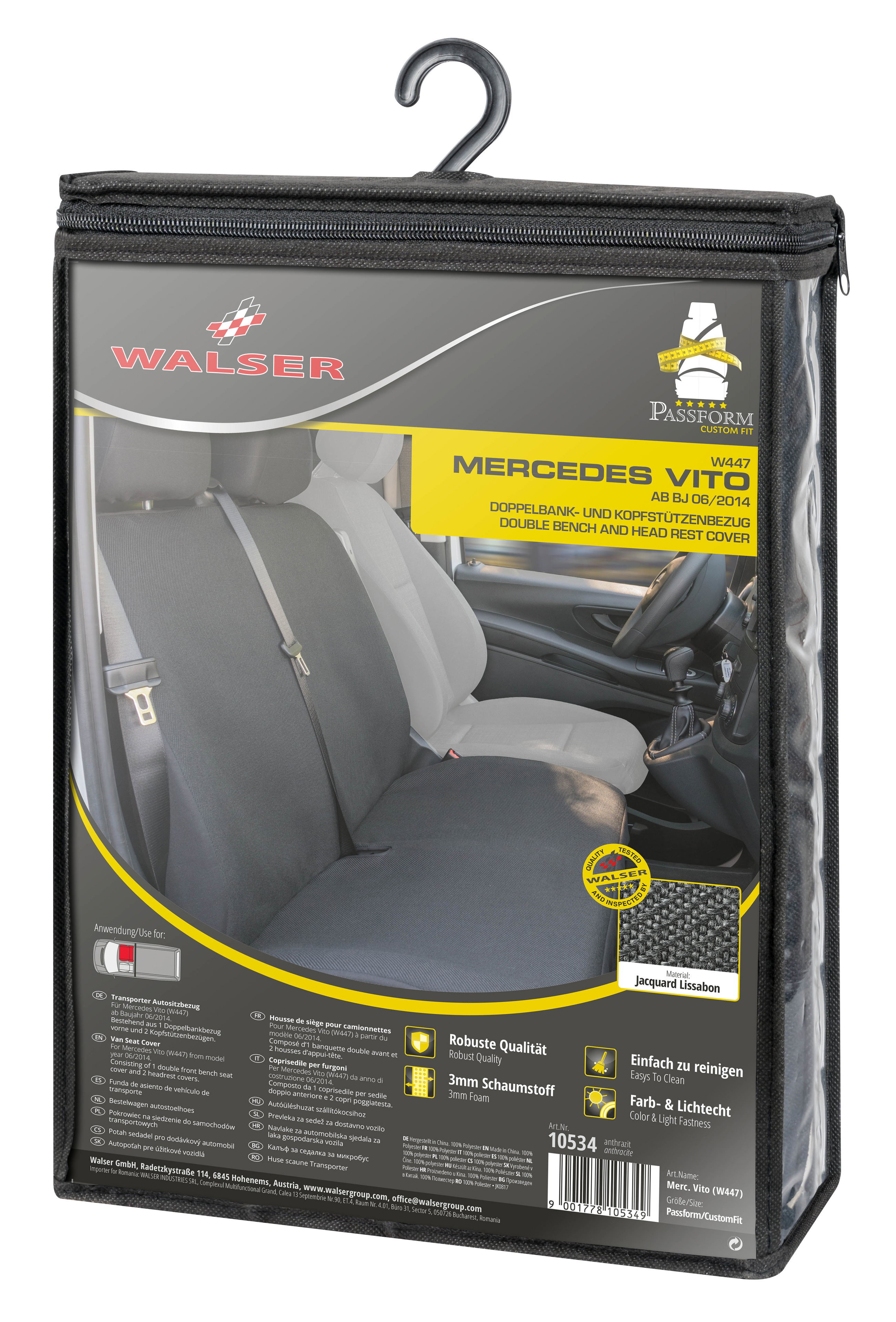 Housse de siège Transporter en tissu pour Mercedes Vito 447, double banquette avant