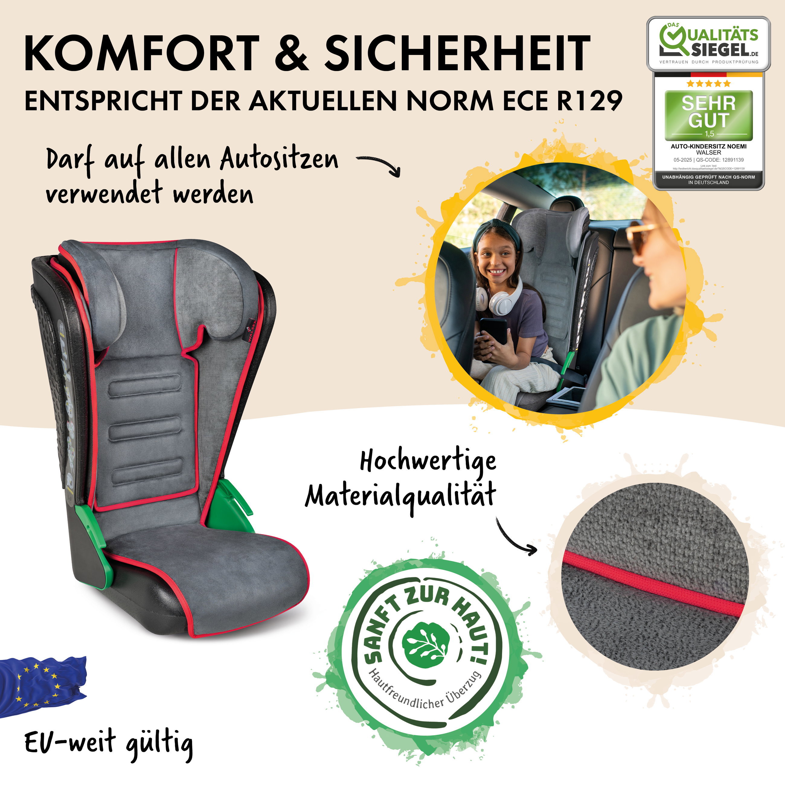 Kindersitz, Autokindersitz, Polsterung, Grau, Roter Akzent, Autokindersitz, Sitzkissen, Gurtband, Material grau, EU-weite gültigkeit