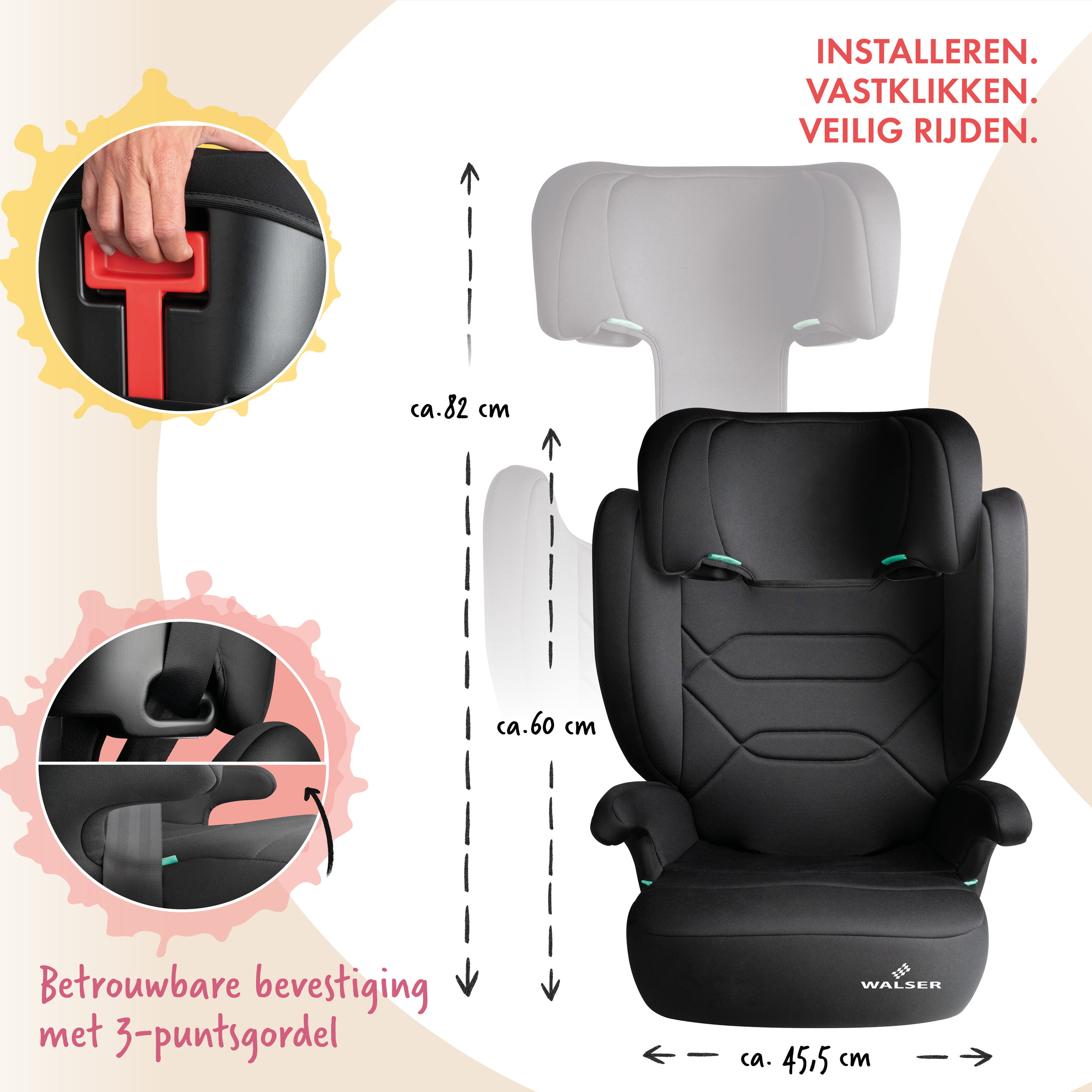 Autokinderzitje Numa met ISOFIX-rails, comfortabel kinderzitje (3-8 jaar) 100-150 cm, 2in1 autokinderzitje met afneembare rugleuning en verstelbare hoofdsteun ECE R 129 gecertificeerd antraciet