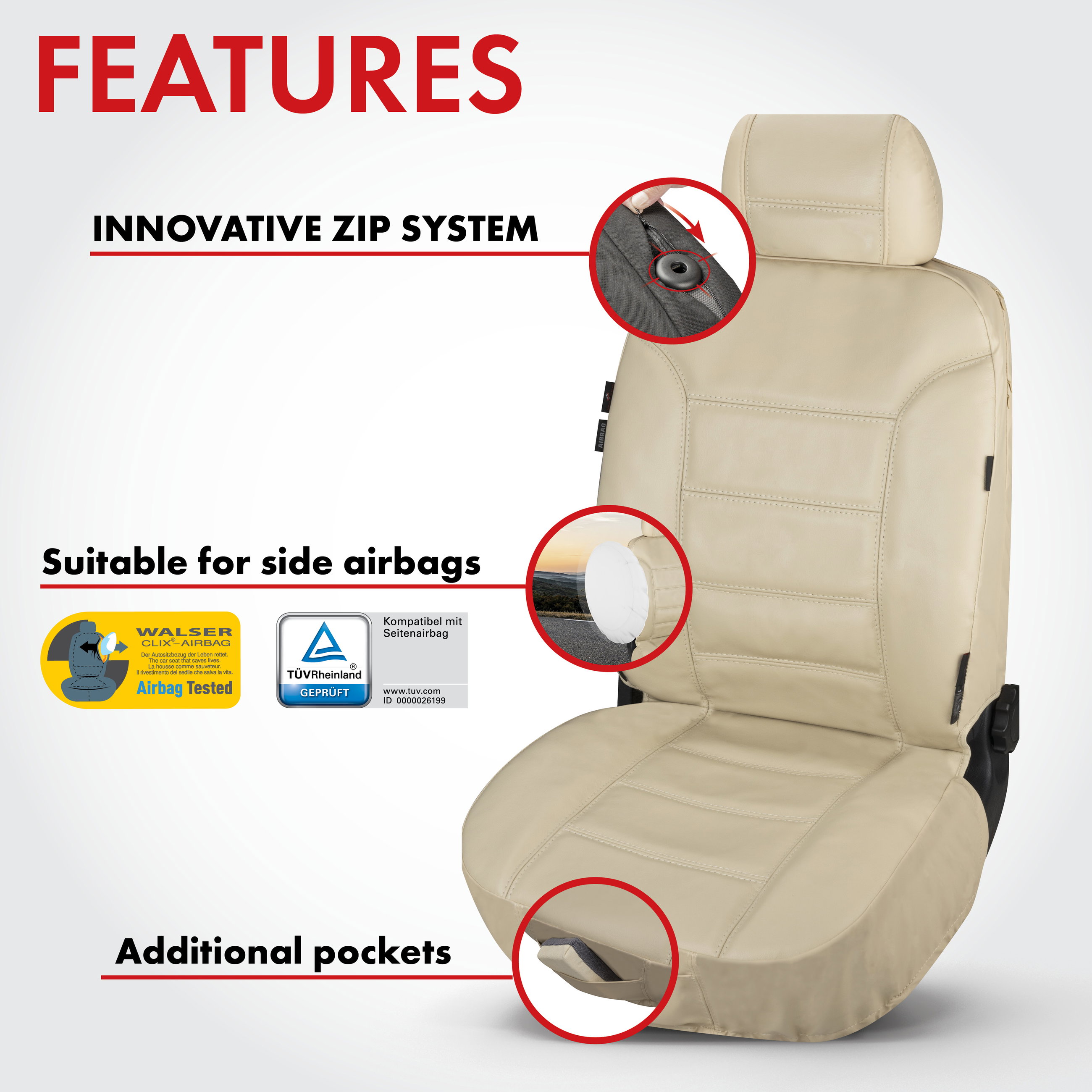 Car Seat cover Billy in real leather beige ZIPP-IT, 1 piece