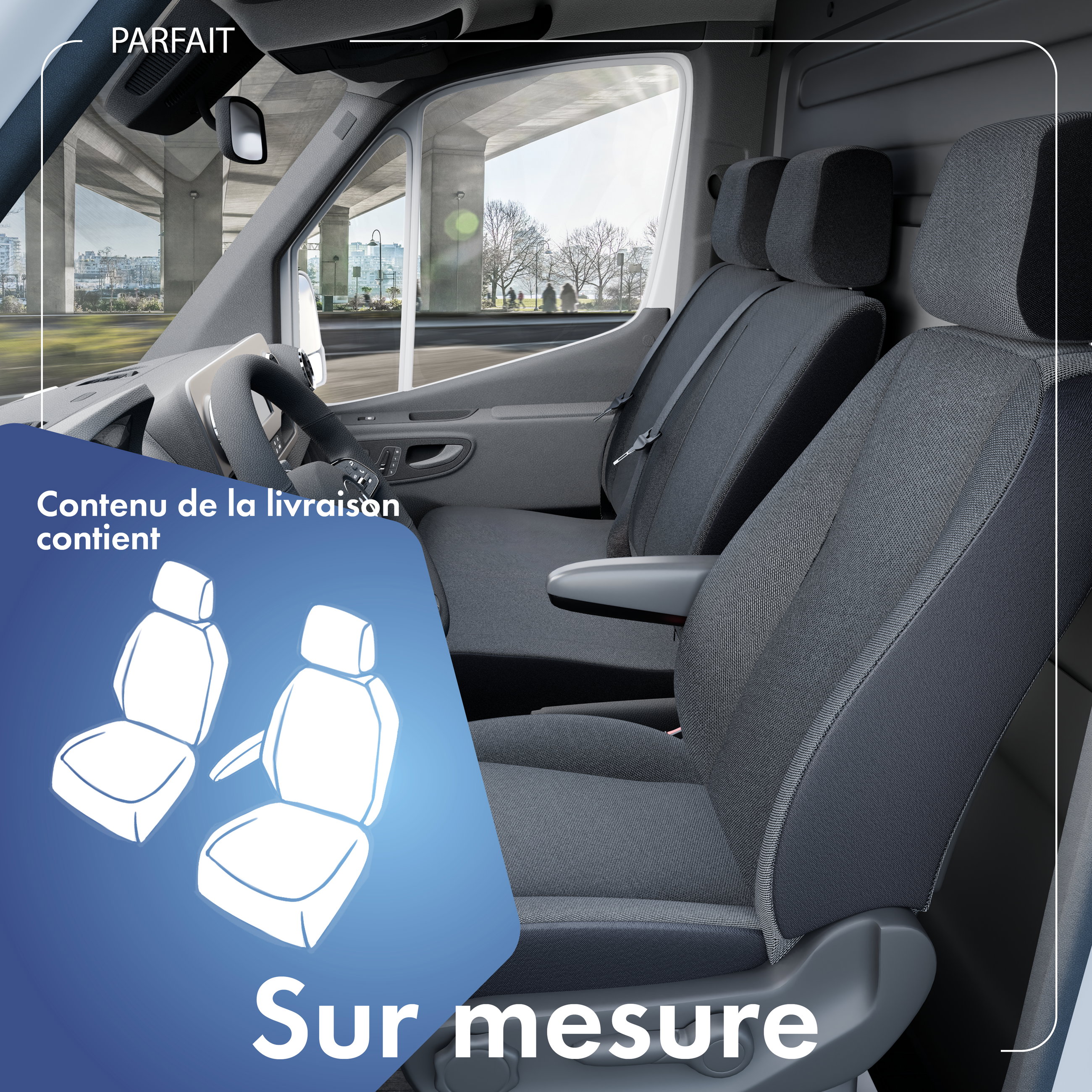 Housse de siège Transporter en tissu pour Ford Transit Courier 2, 1 siège individuel conducteur (encoche accoudoir droit) & siège individuel passager