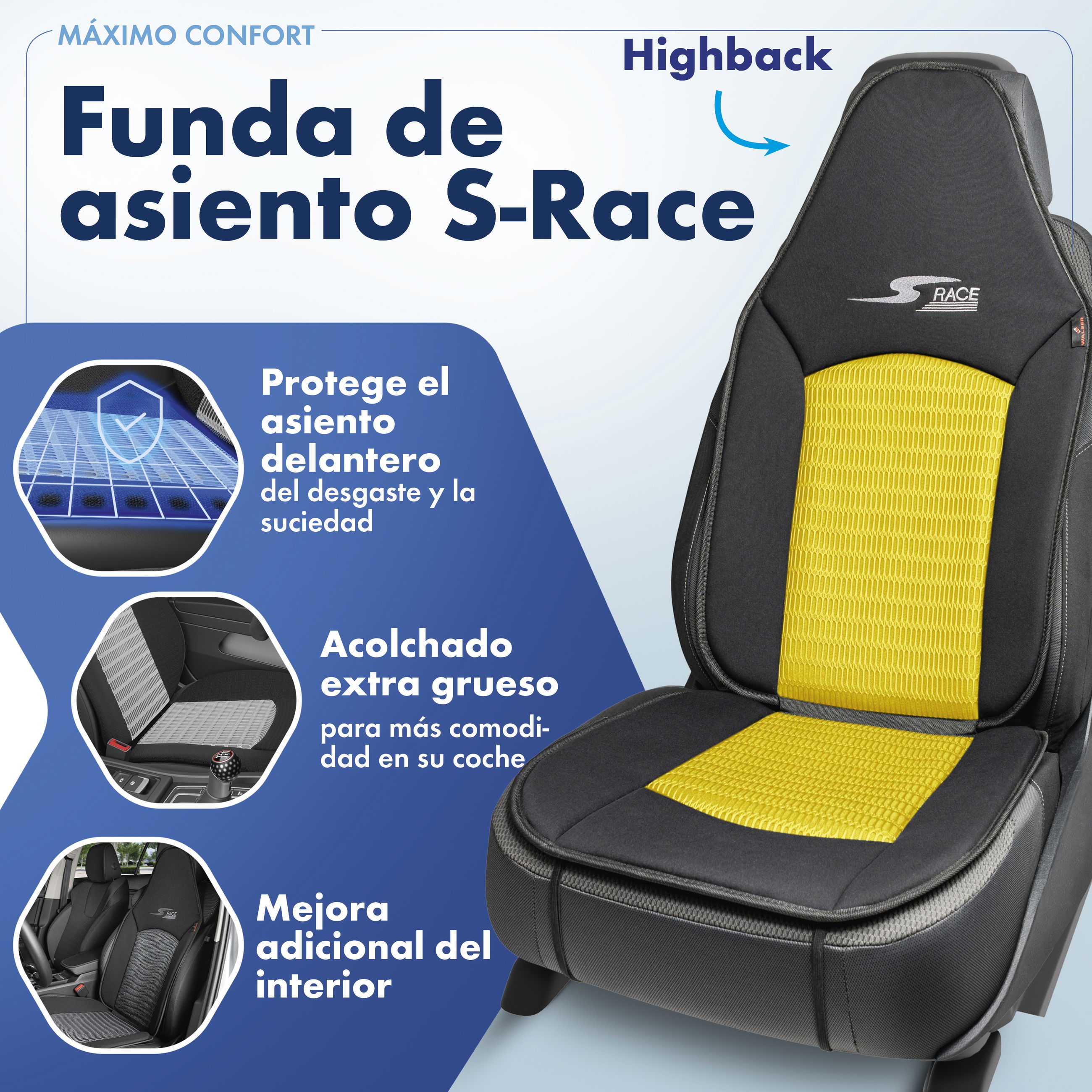 Cojín de asiento S-Race, coche protector de asiento para Highback-/asientos tipo piloto, coche protector de asiento asientos delanteros amarillo, 1 pieza