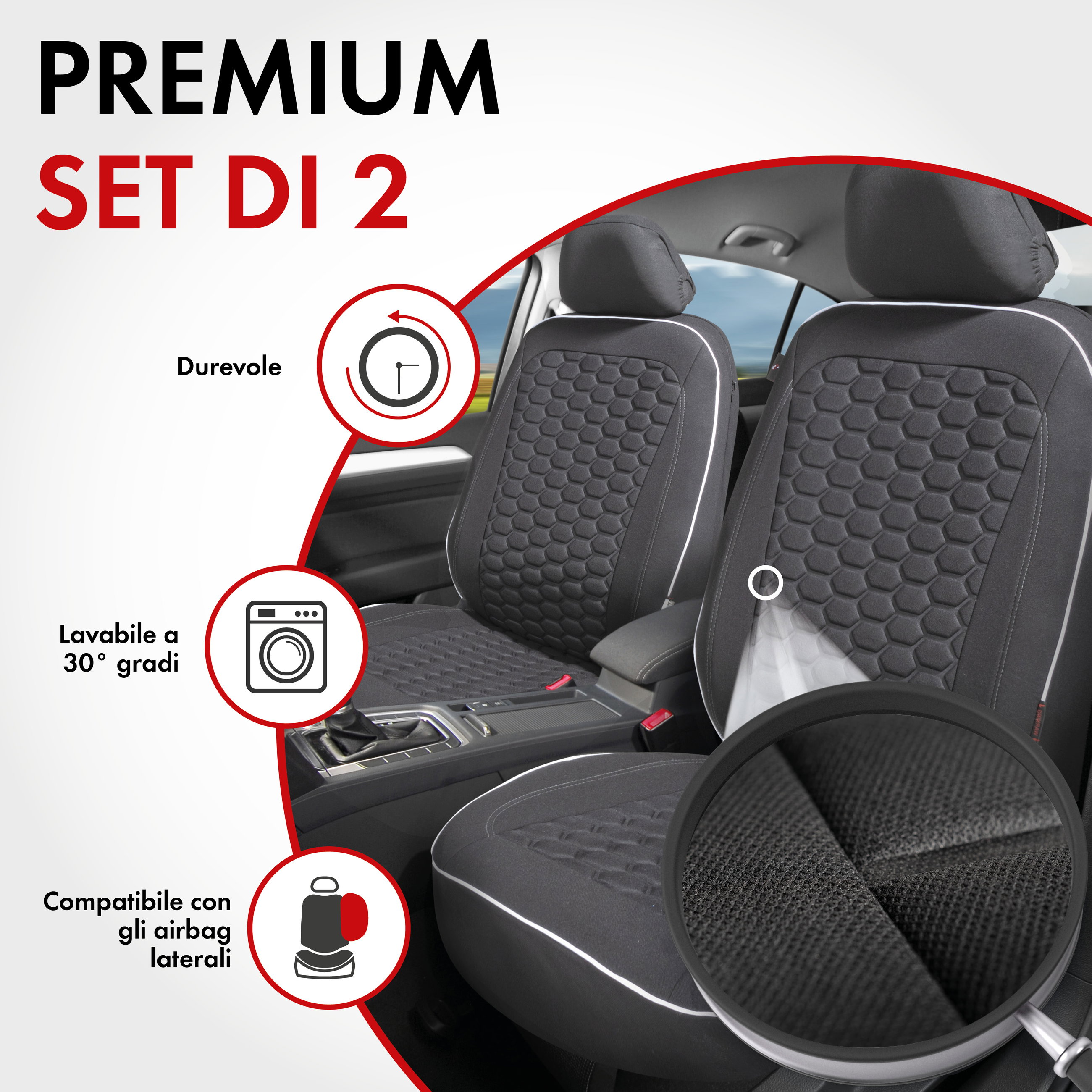 ZIPP IT Premium Coprisedili Kendal per due sedili anteriori con sistema di chiusura lampo nero/bianco