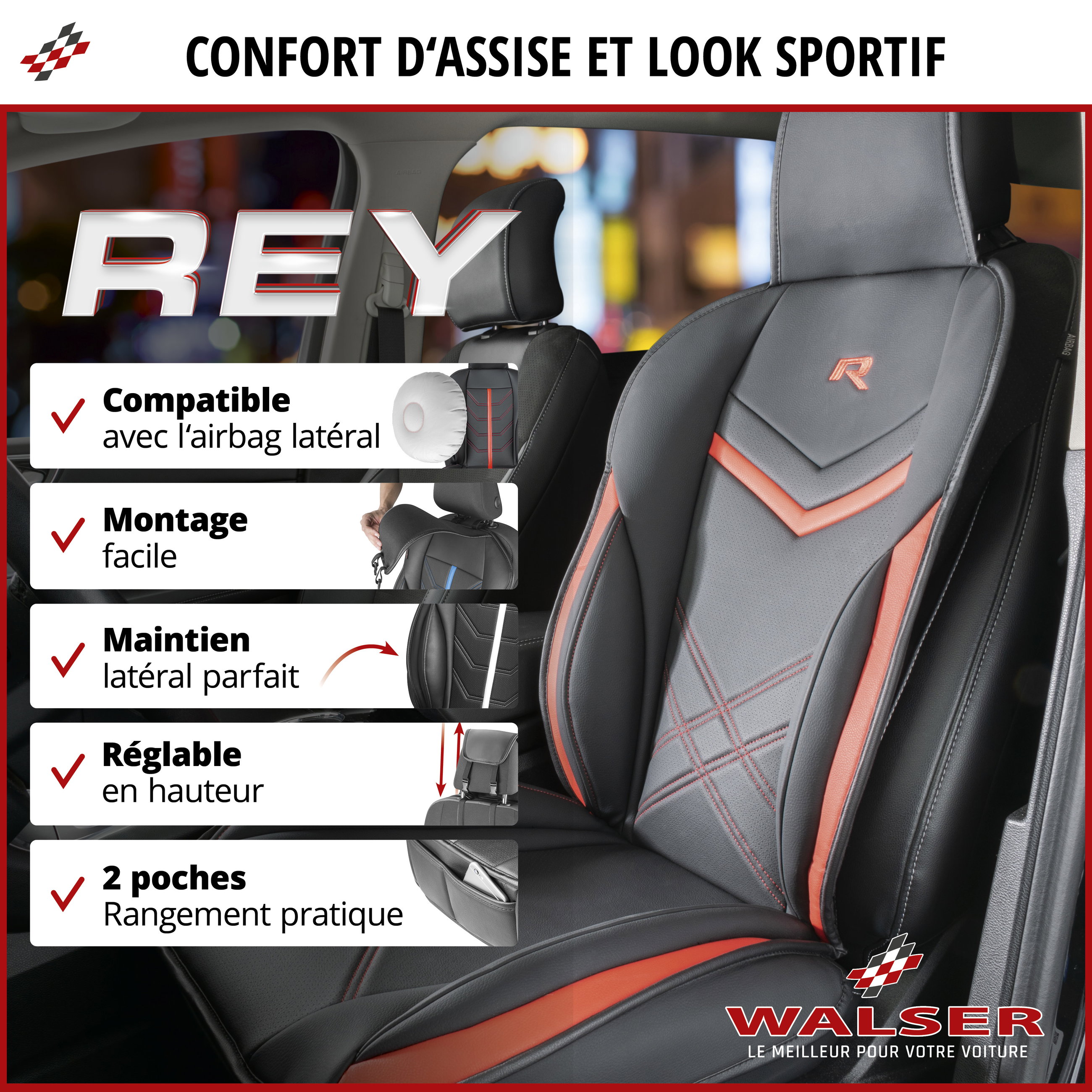 Housse de siège Rey noir-rouge, 1 pièce
