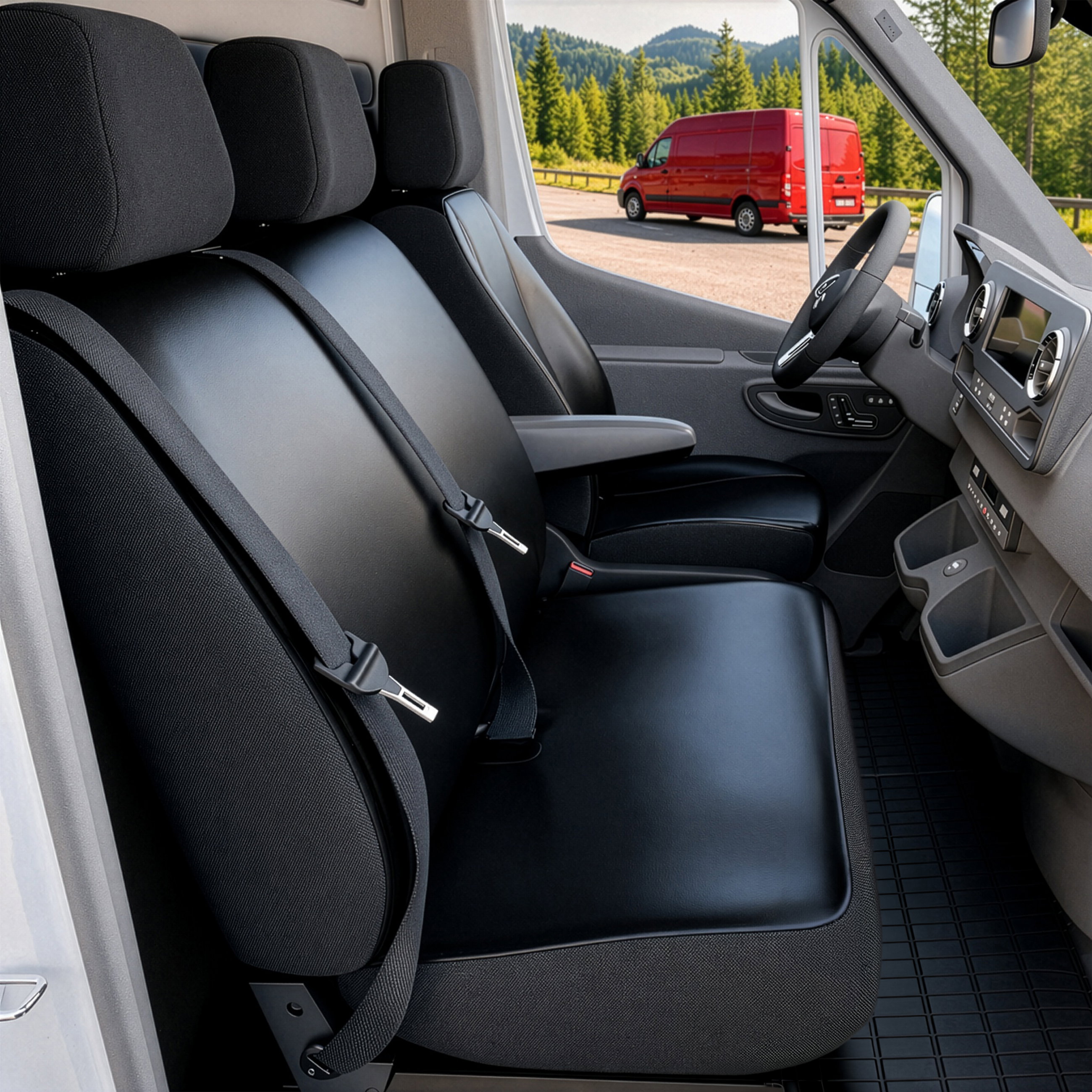 Iveco Daily 4 kompatibler Sitzbezug Kunstleder, passgenau für Einzelsitz vorne (Ausnehmung Armlehne) + Doppelbank vorne, robuste Sitzbezüge Transporter/Van anthrazit