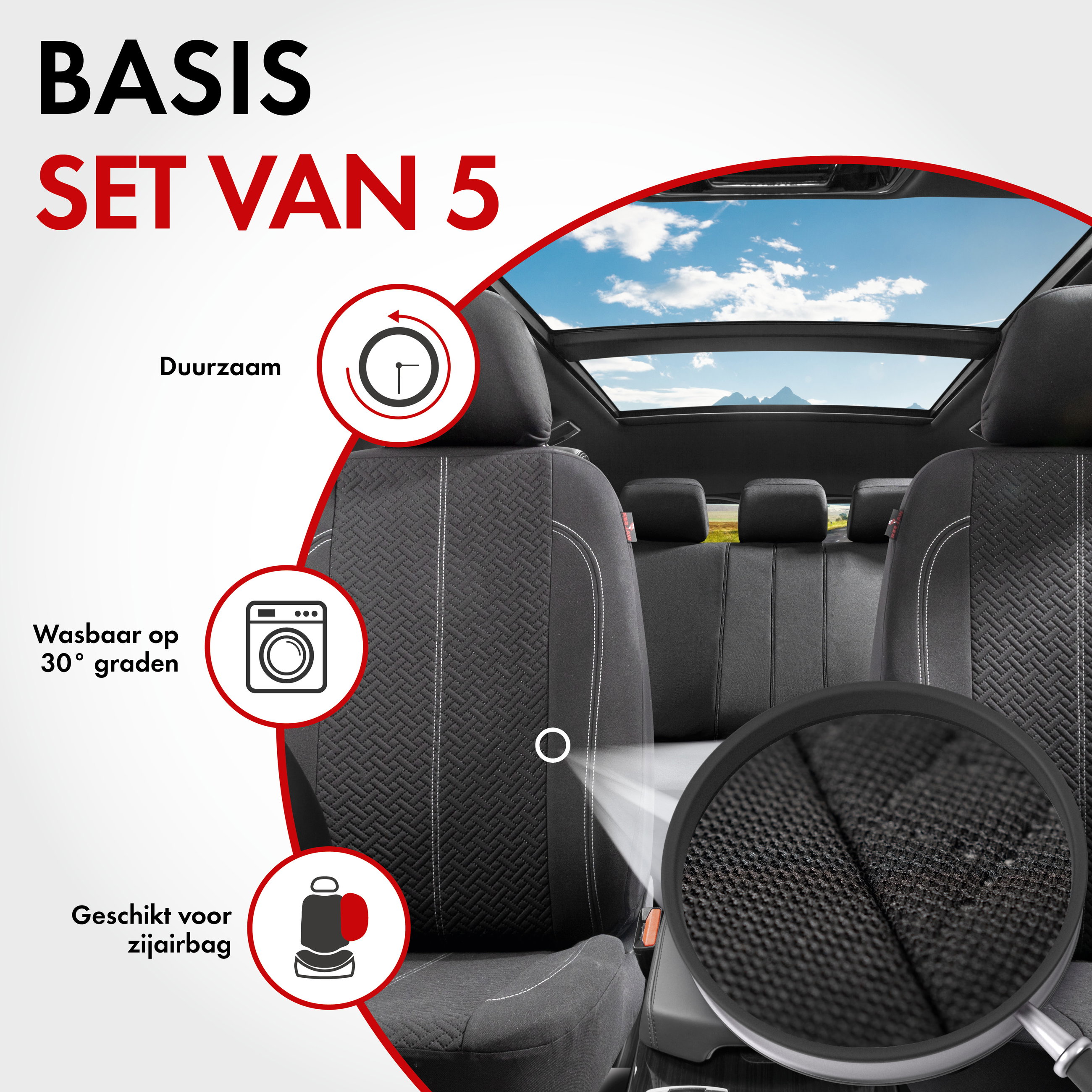 Autostoelbekleding Tratto met Zipper ZIPP-IT, Autostoelhoes set, 2 stoelbeschermer voor voorstoel, 1 stoelbeschermer voor achterbank zwart