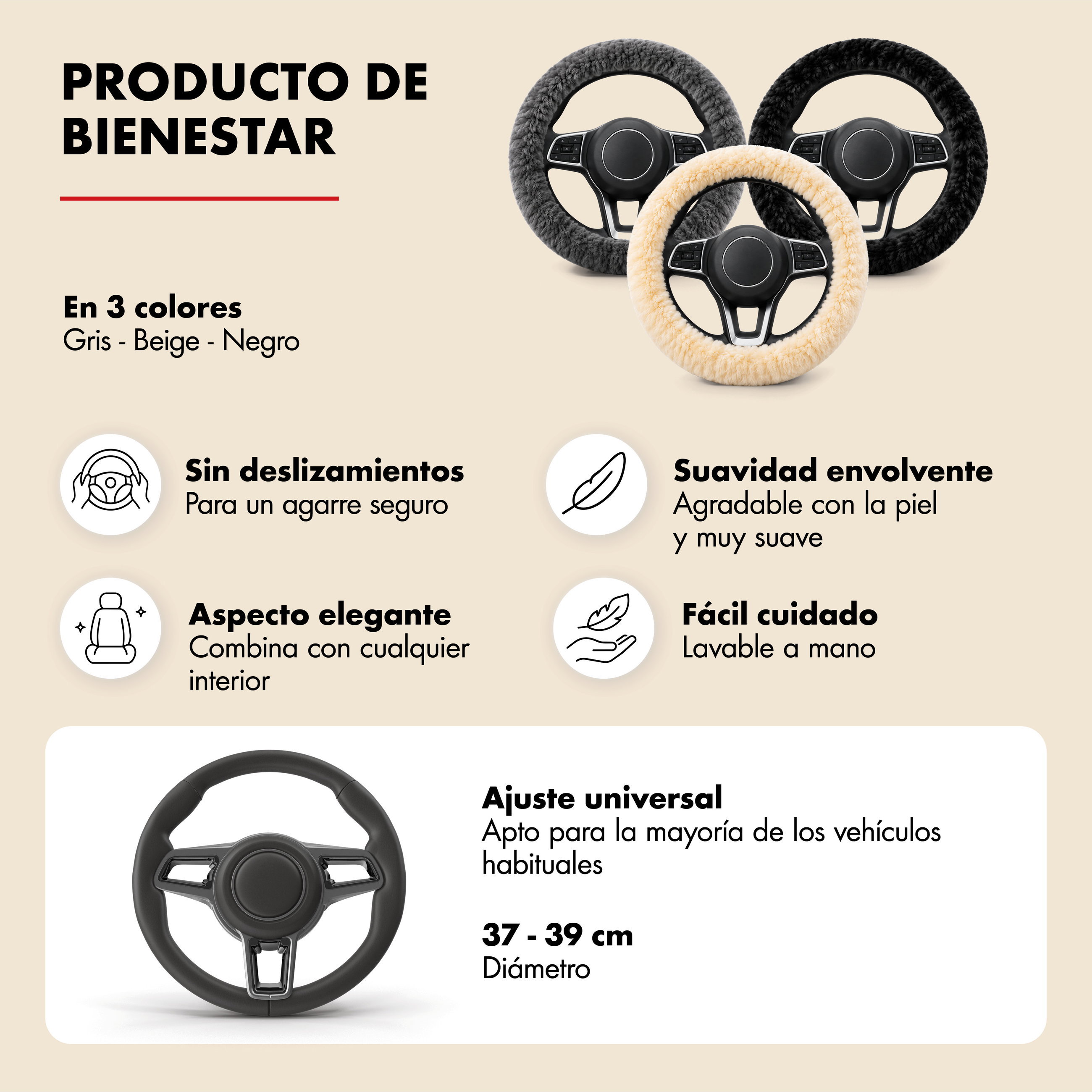 Funda de volante piel de cordero, protector de volante de coche, funda de volante talla universal beige