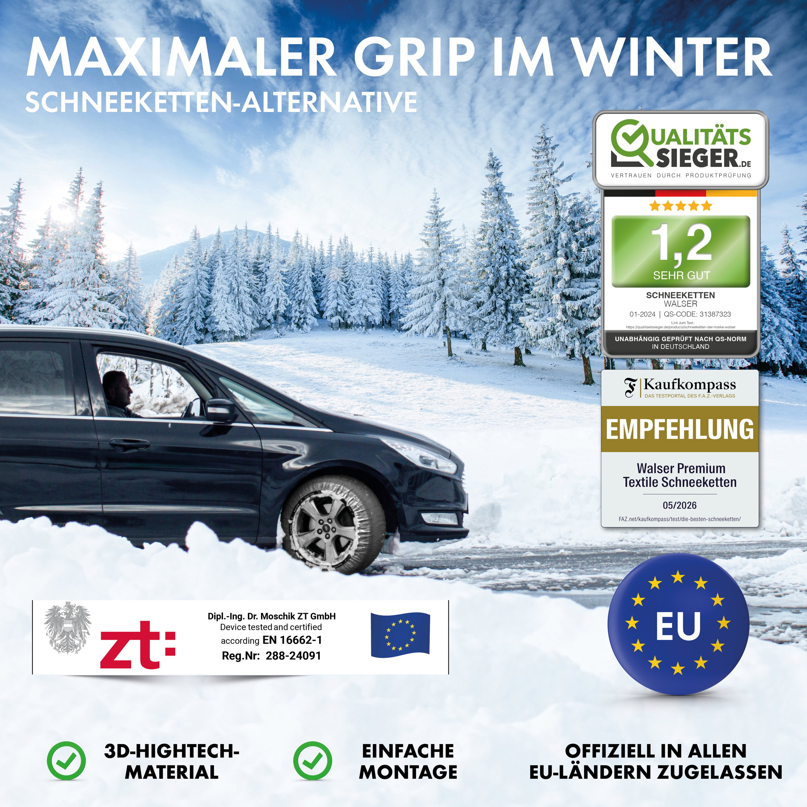 Premium Textile Schneeketten Easygo XXL, 2er Set Textil Schneeketten nach EU Norm 16662-1 homologiert, Auto Schneeketten, Auto Schneesocken Winter 2 Stück grau/schwarz