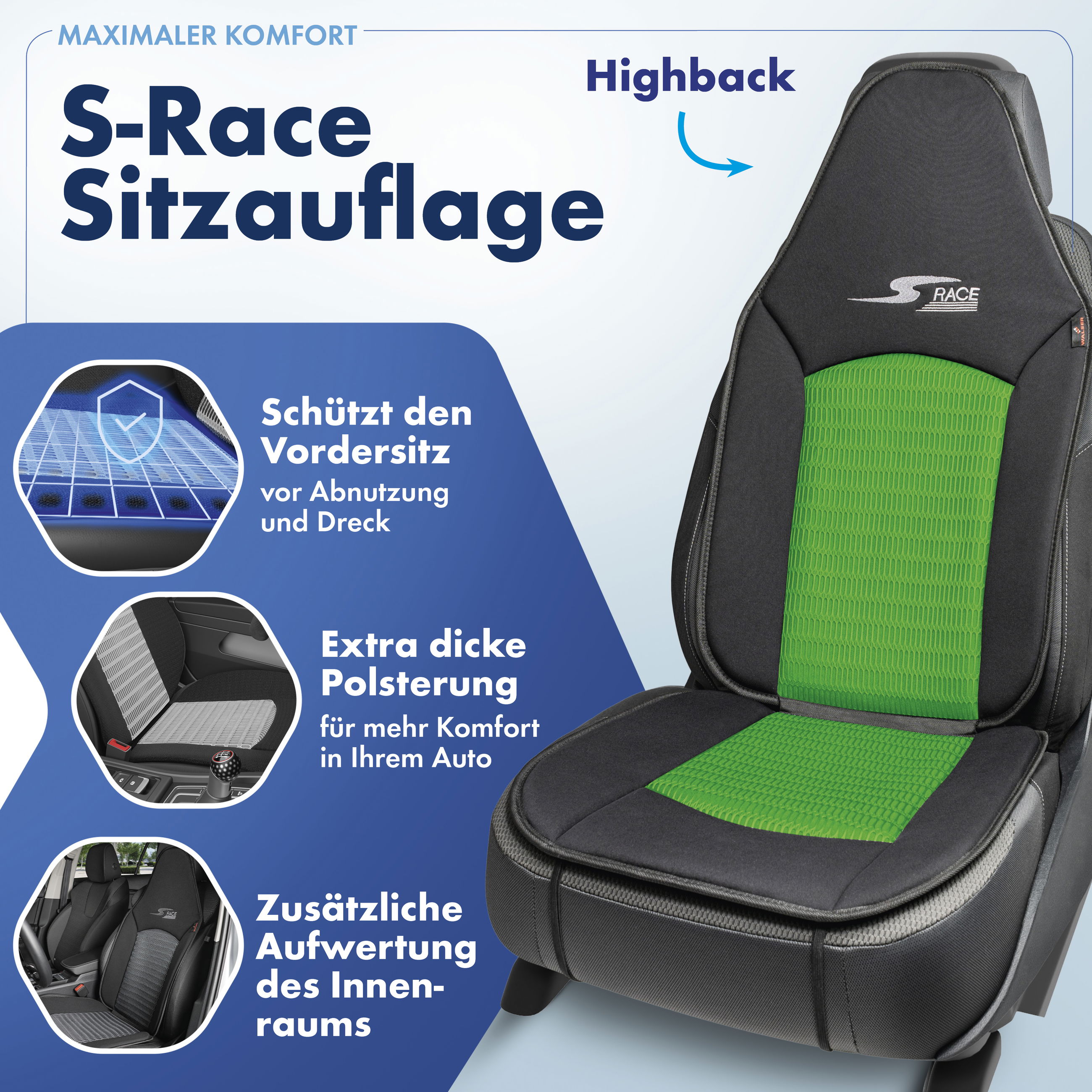 PKW Sitzauflage S-Race, Auto Sitzaufleger für Highback-/Pilotensitze, PKW Sitzschoner Vordersitze grün, 1 Stück