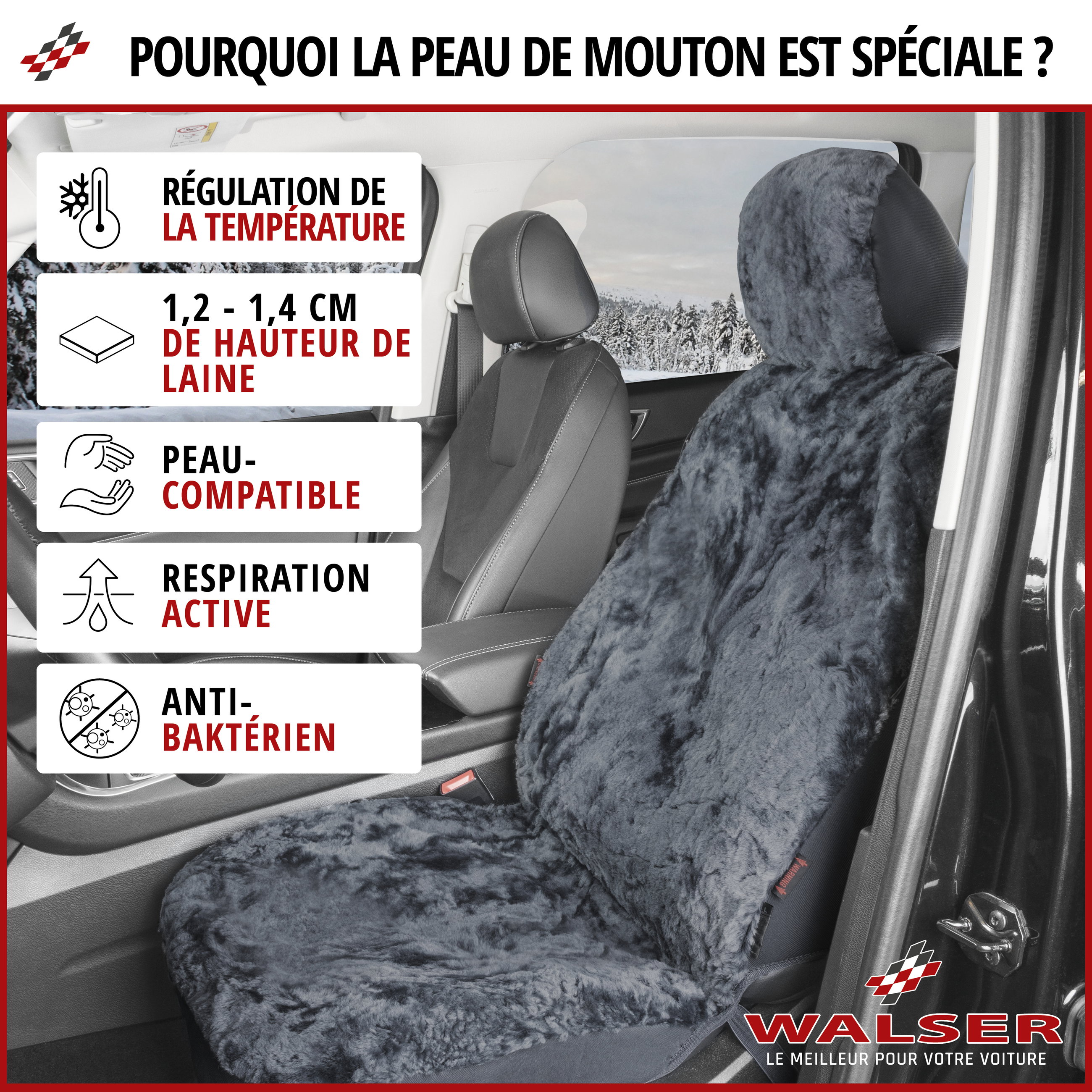 Housse de siège Iva en peau d'agneau anthracite avec système informatique ZIPP, 1 pièce