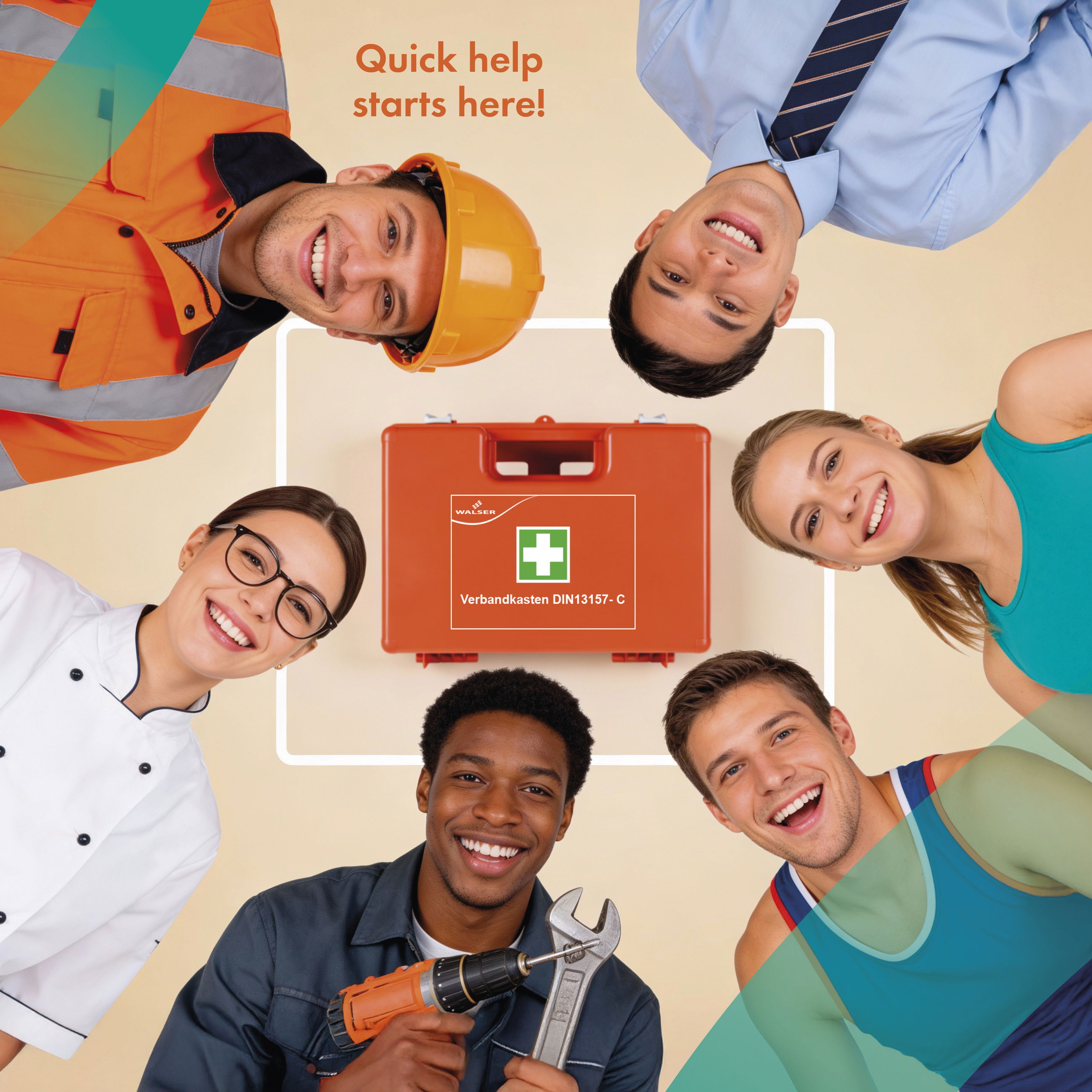 Elektrische Bohrmaschine, Erste Hilfe, Kopf, Gesicht, Leute, Elektrische Bohrmaschine, Erste Hilfe, Kopf, Gesicht, Leute, Erste-Hilfe-Set, orangefarbener Koffer, Medizinischer Notfallkoffer, Bauarbeiter, Teamarbeit