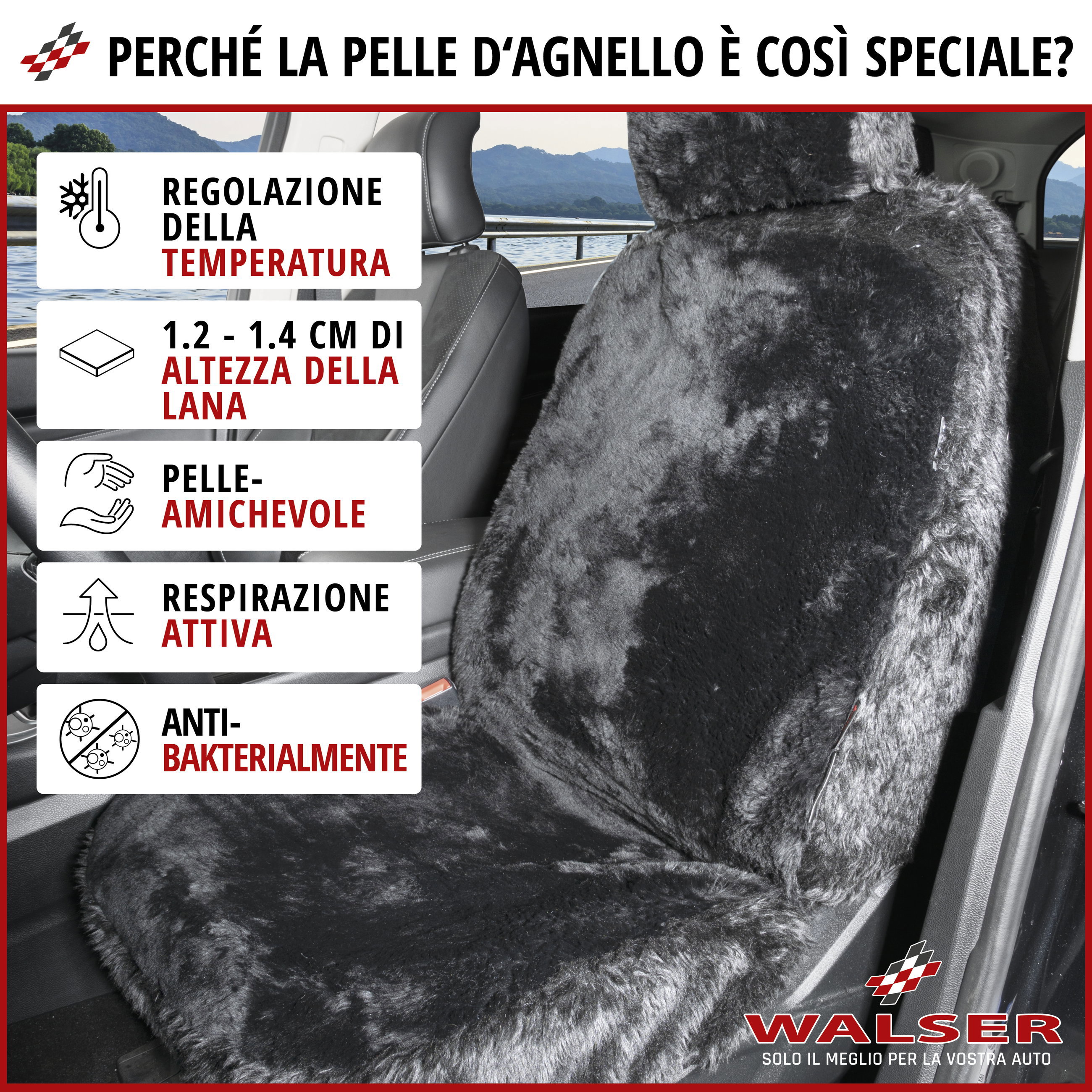 Coprisedili auto Maya in pelle d'agnello nero, 1 pezzo