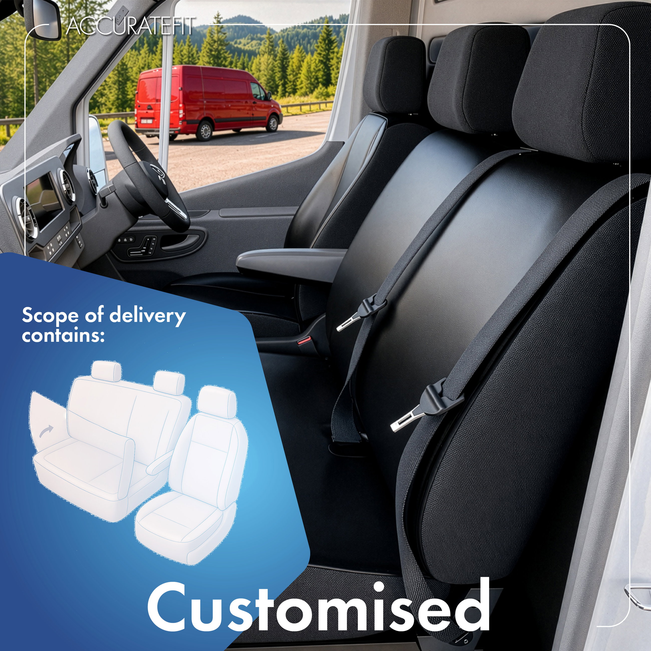 Mercedes-Benz Sprinter, VW Crafter kompatibelt sædebetræk i kunstlæder, perfekt pasform til enkeltsæde foran (udskæring armlæn) + dobbeltbænk foran foldbar (udskæring bord)