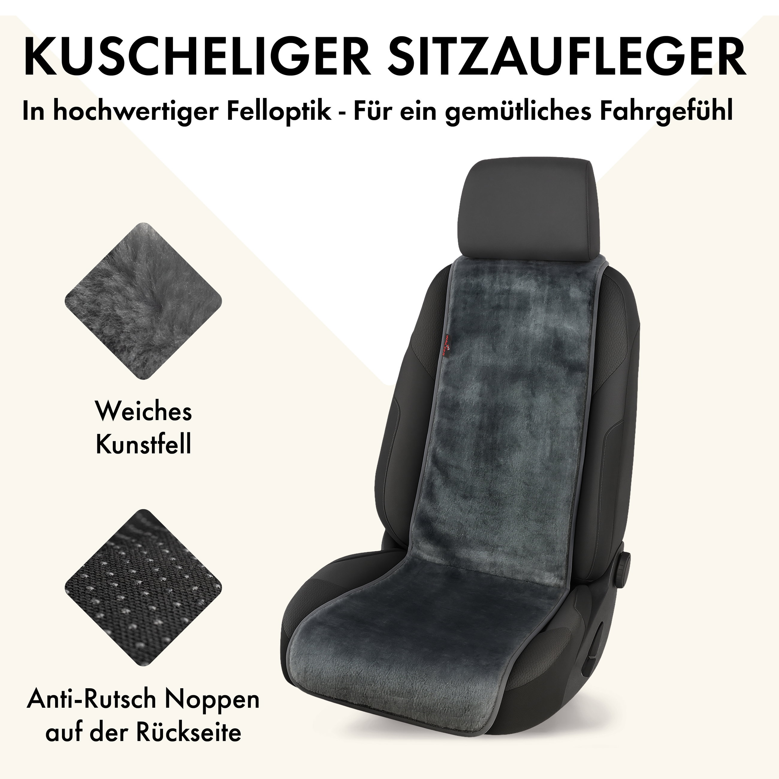 Auto Sitzauflage Teddy, Kunstfell PKW Sitzschoner für Einzelsitz, Kunstfellbezug anthrazit, 1 Stück