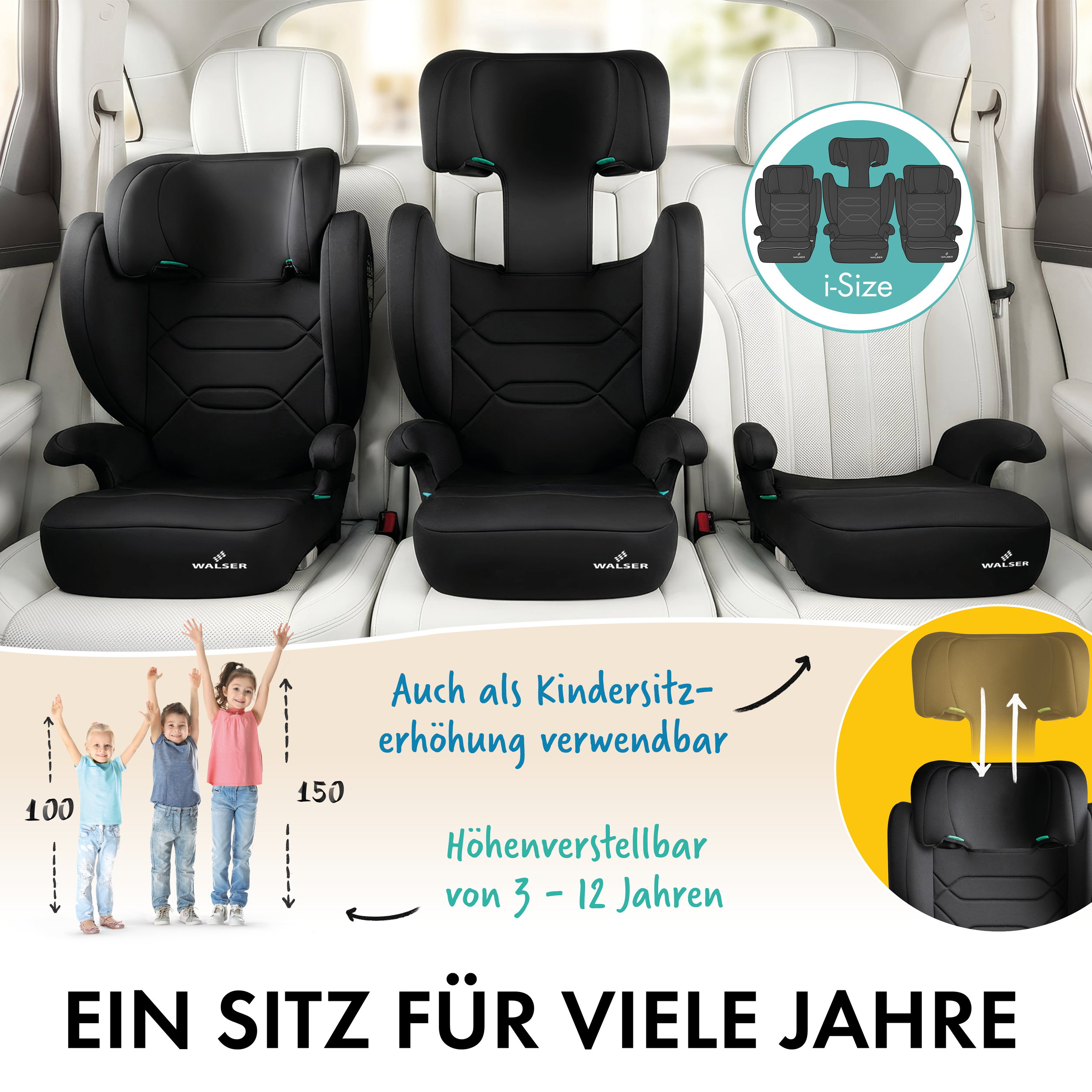 Kindersitz Auto Numa mit ISOFIX-Schienen, bequemer Kindersitz (3-8 Jahre) 100-150 cm, 2in1 Auto Kindersitz mit abnehmbarer Rückenlehne und mitwachsender Kopfstütze ECE R 129 geprüft anthrazit