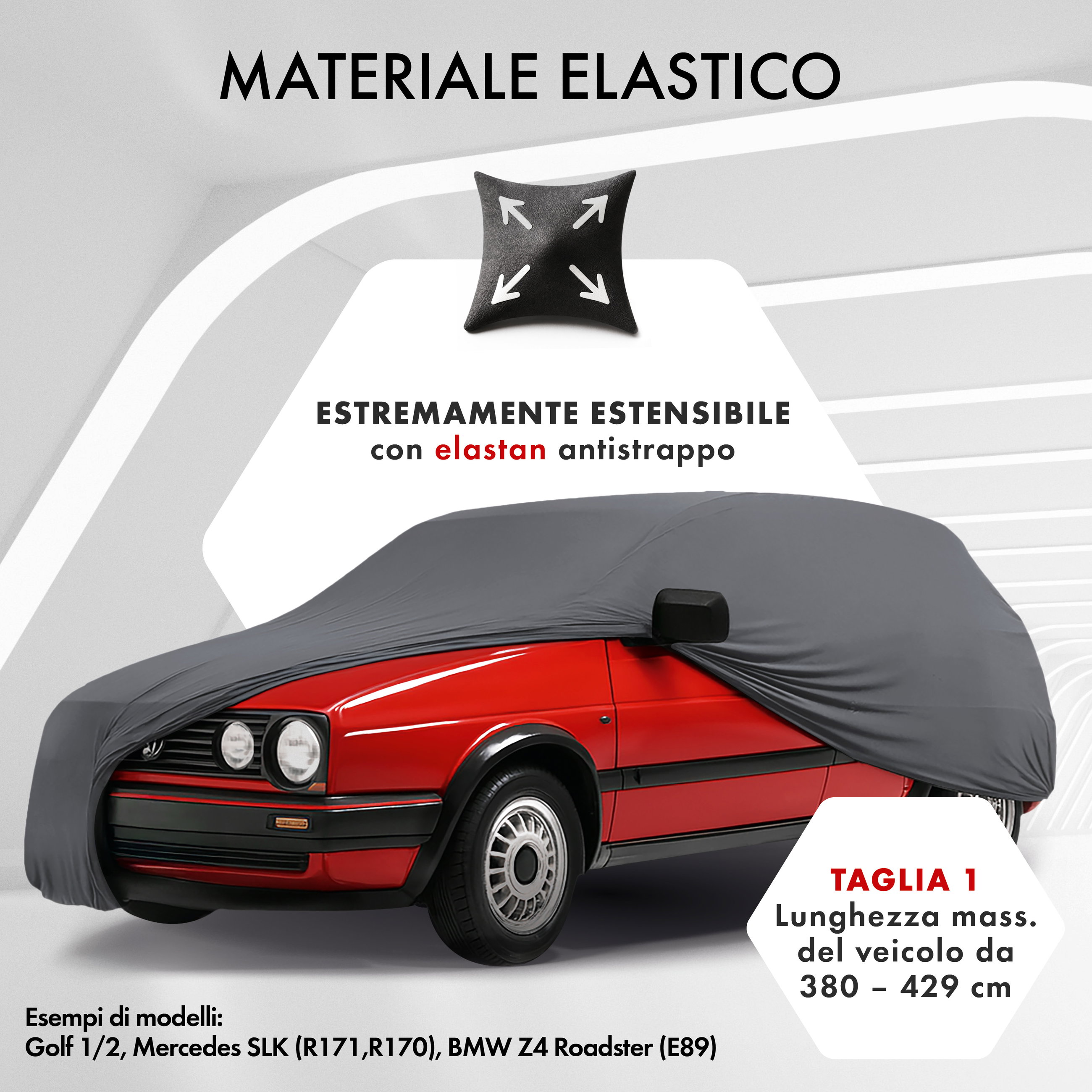 Premium Telo Copriauto da interno Indoor Stretch Plus, Copertura protettiva per uso interno Misura 1 Auto antracite