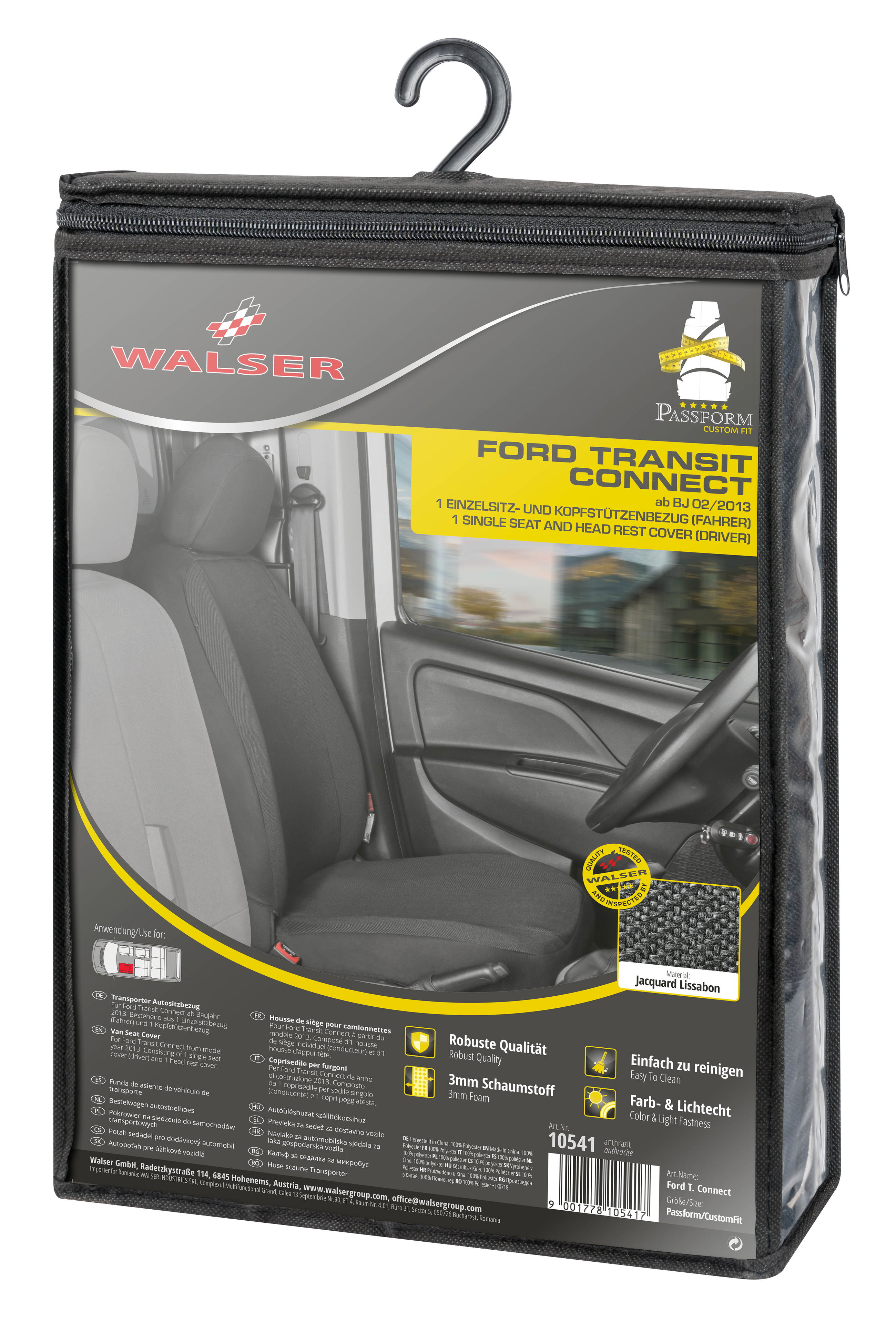 Housse de siège Transporter en tissu pour Ford Transit Connect, 1 siège individuel à l'avant (évidement accoudoir droit)