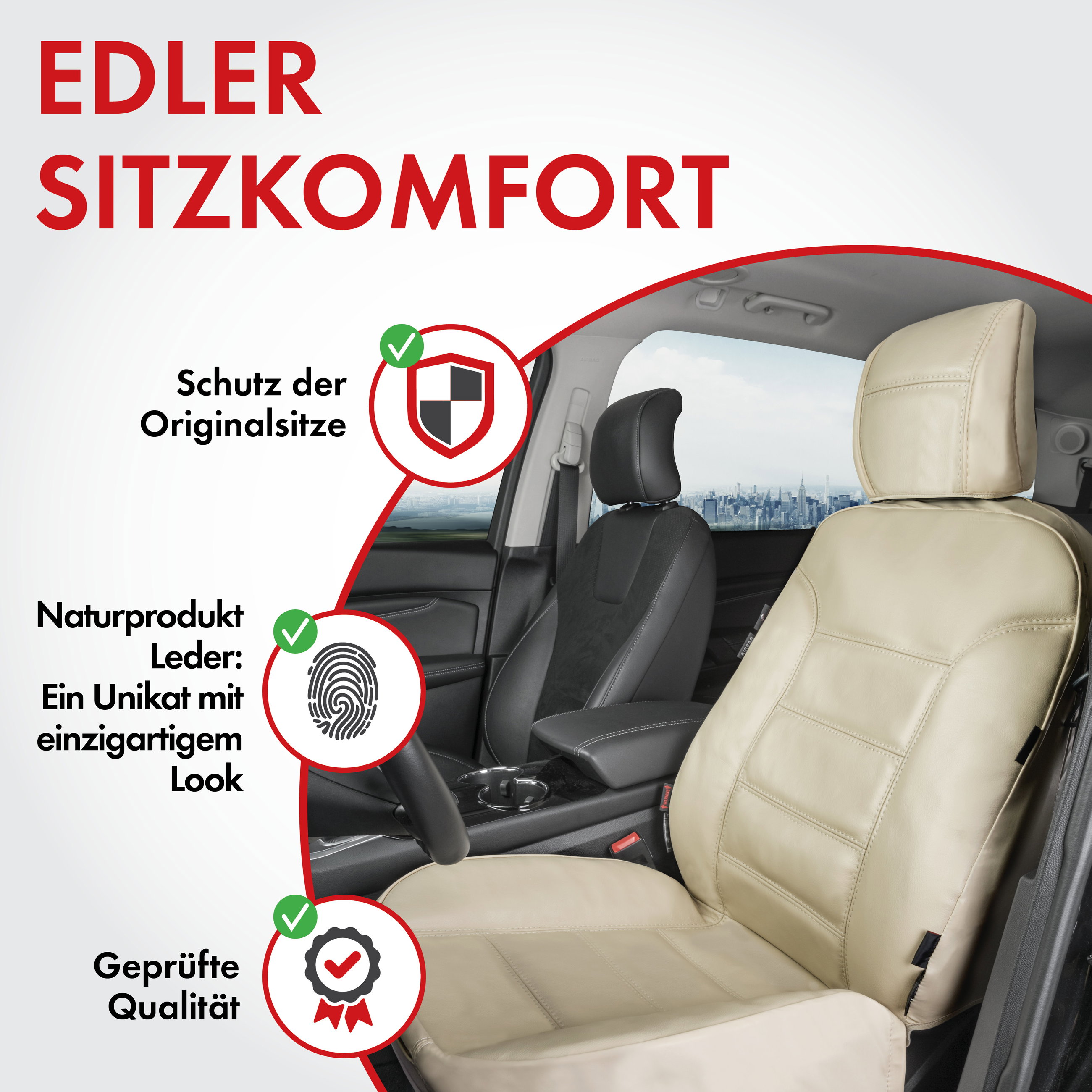 Autositzbezug Billy aus echtem Leder, PKW-Schonbezug Echtleder, Vordersitzbezug ZIPP-IT beige, 1 Stück