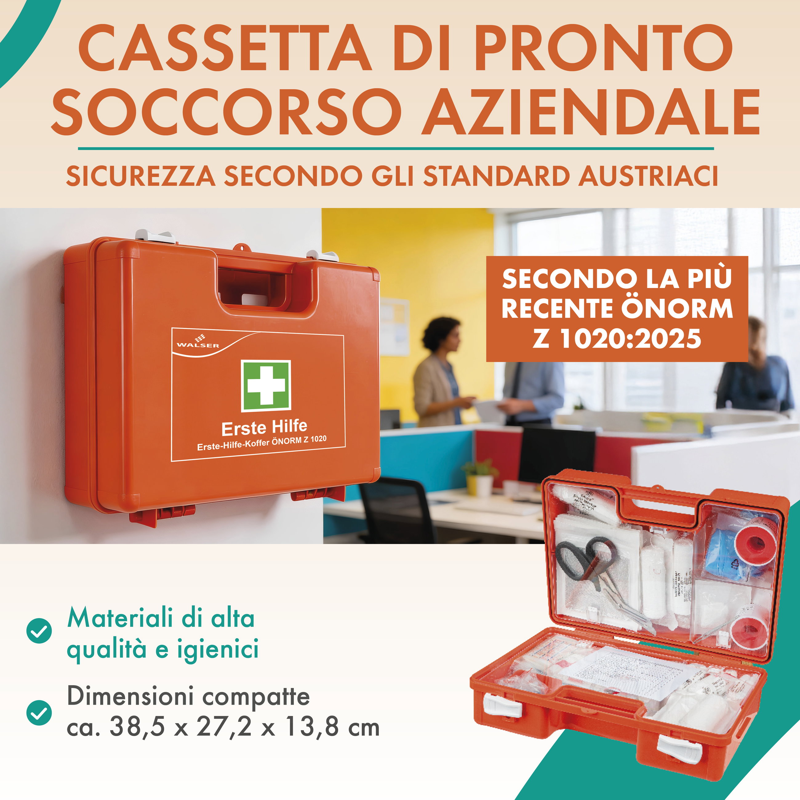 Kit di pronto soccorso secondo la norma austriaca Ö-Norm Z1020:2025, cassetta di pronto soccorso aziendale incl. supporto a parete, kit sanitario 66 pezzi, cassetta di pronto soccorso per aziende e cantieri, kit pronto soccorso per ufficio/casa