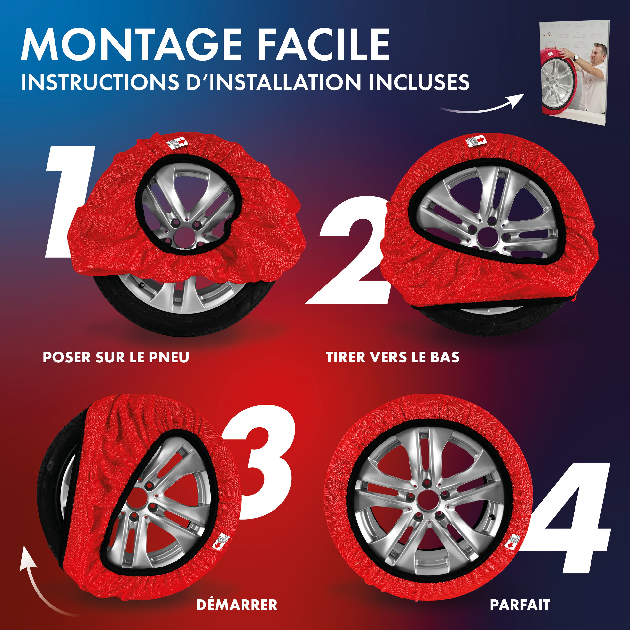 Chaînes à neige textiles Easygo L, lot de 2 chaînes à neige textiles homologuées selon la norme UE 16662-1, chaînes à neige voiture, chaussettes à neige voiture hiver 2 pièces rouge