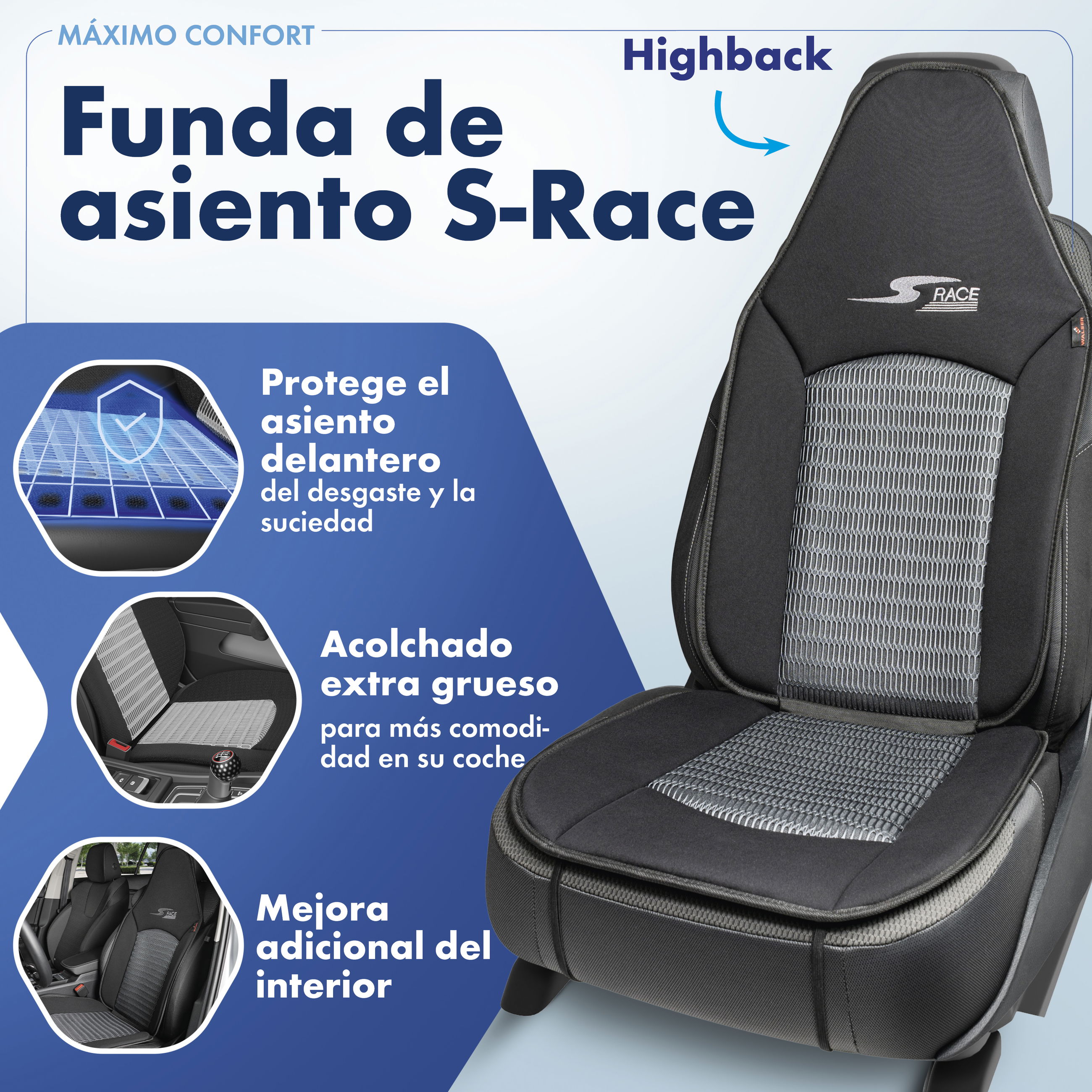 Cojín de asiento S-Race, coche protector de asiento para Highback-/asientos tipo piloto, coche protector de asiento asientos delanteros antracita, 1 pieza