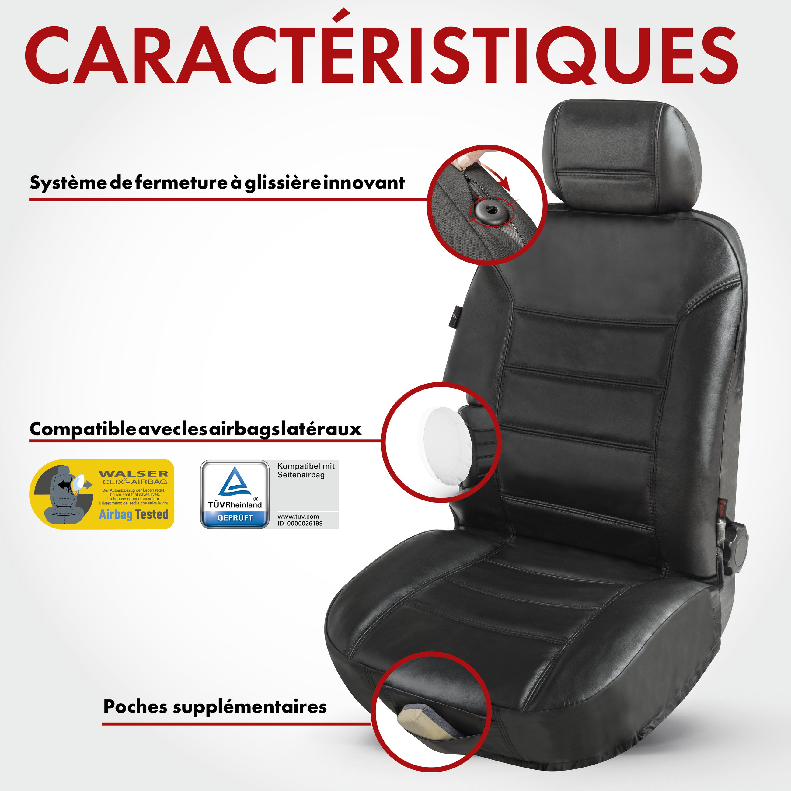 Housse de siège Ranger en cuir véritable noir, 1 pièce