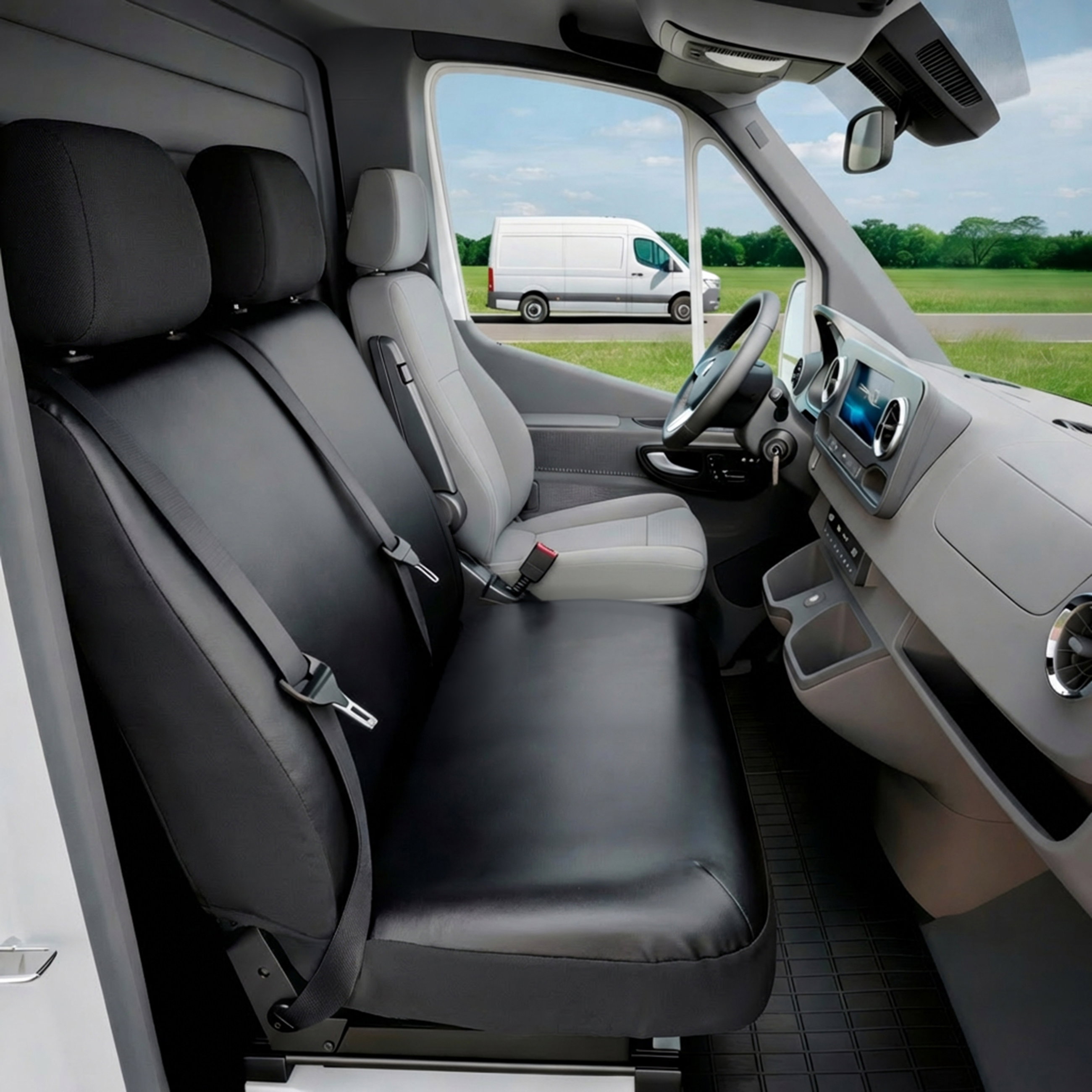 VW T6/Caravelle T6 kompatibler Sitzbezug Kunstleder, passgenau für Doppelbank vorne, robuste Sitzbezüge Transporter/Van anthrazit