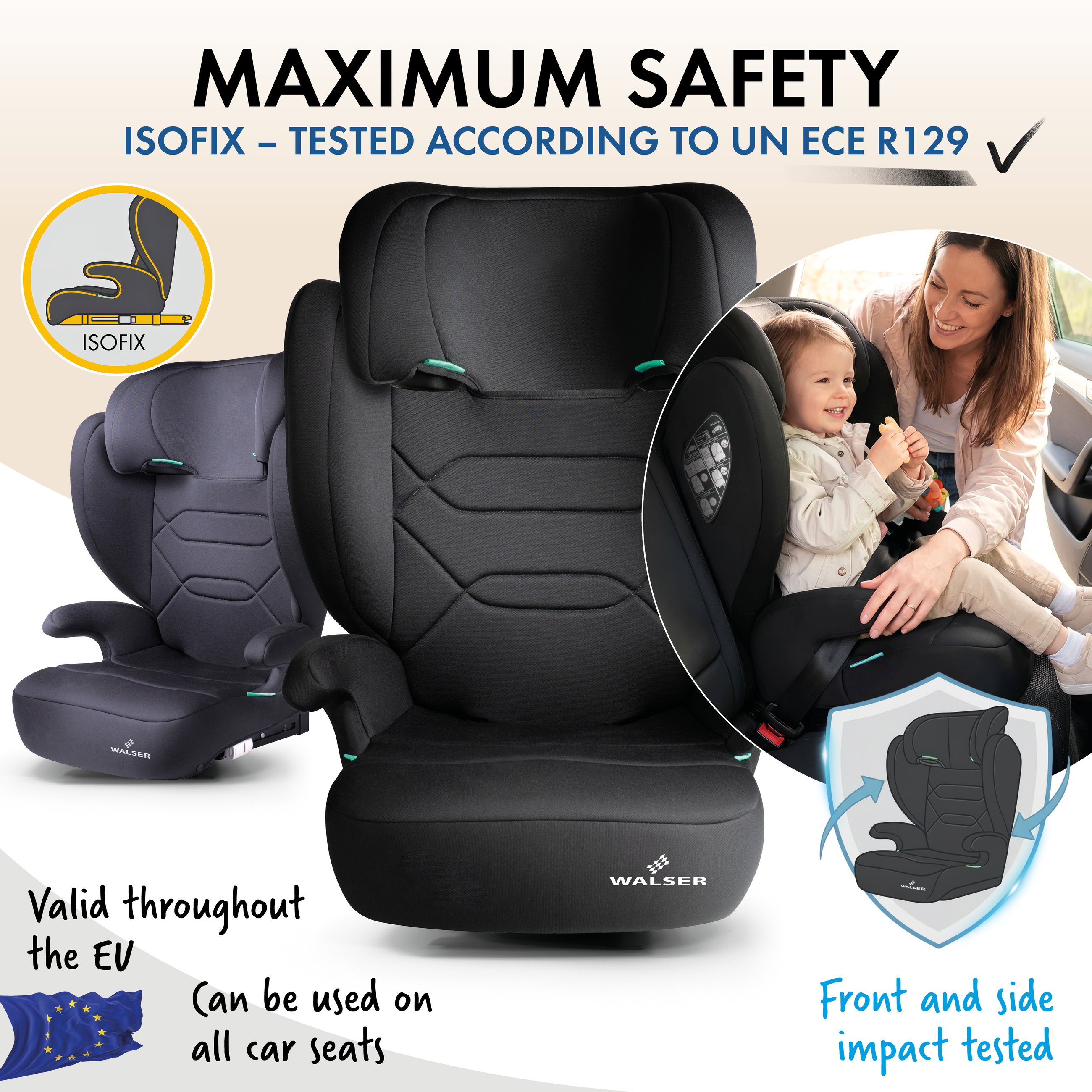 Numa car child seat with ISOFIX rails, comfortable child seat (3-8 years) 100-150 cm, 2in1 car child seat with removable backrest and adjustable headrest ECE R 129 certified black
