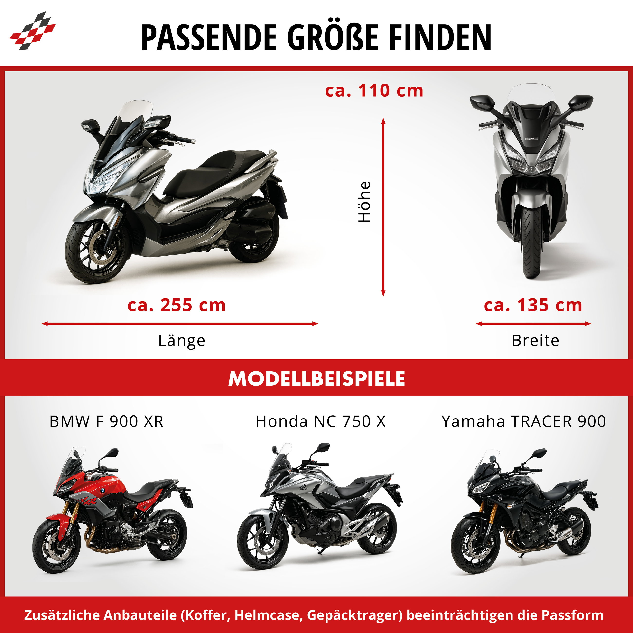 Motorrad Abdeckplane Indoor Stretch XL, Indoor Motorrad Abdeckplane atmungsaktiv, Motorrad-Garage für den Innenbereich - 255x110x135 cm schwarz