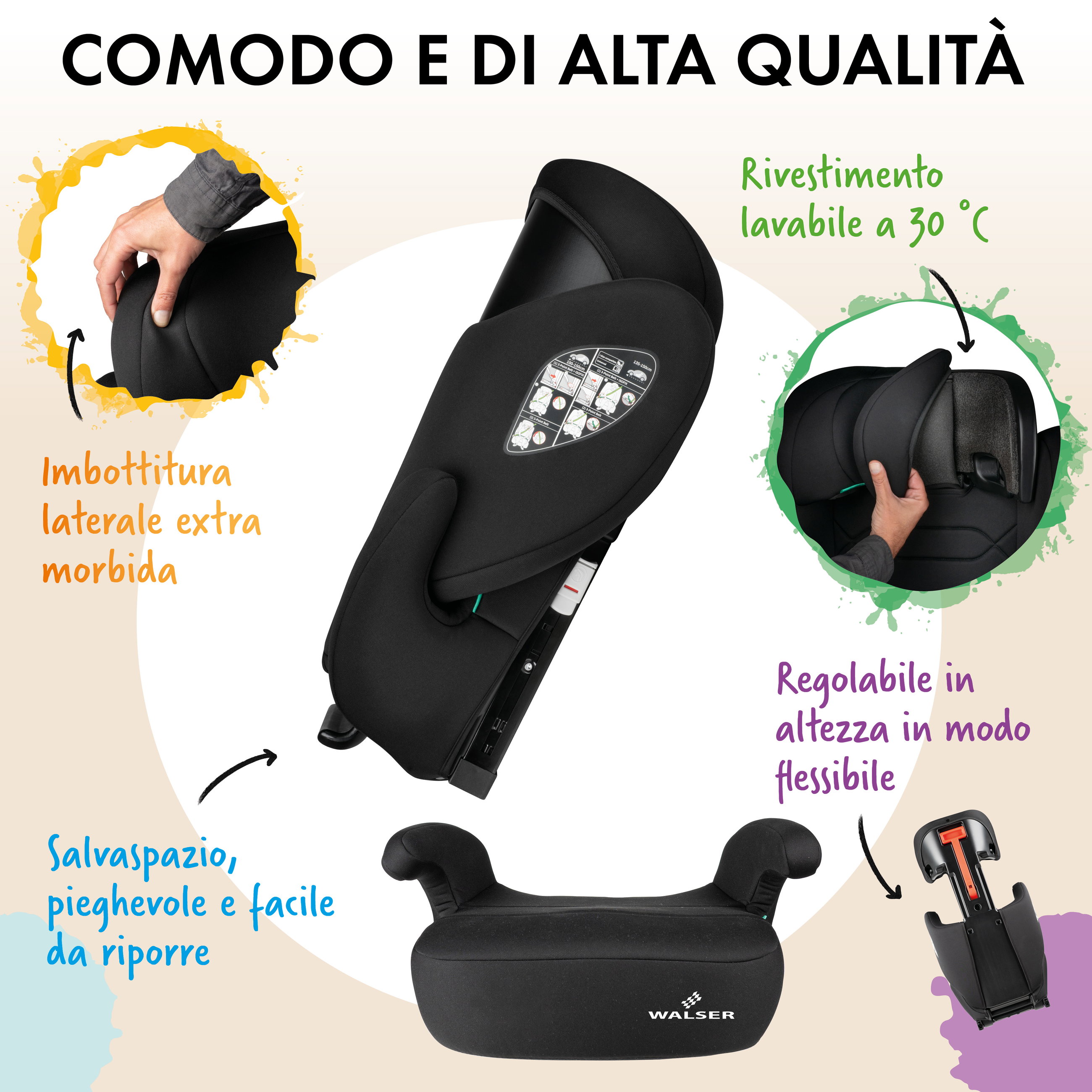 Seggiolino auto Numa con guide ISOFIX, seggiolino confortevole (3-8 anni) 100-150 cm, seggiolino auto 2in1 con schienale rimovibile e poggiatesta regolabile ECE R 129 certificato nero