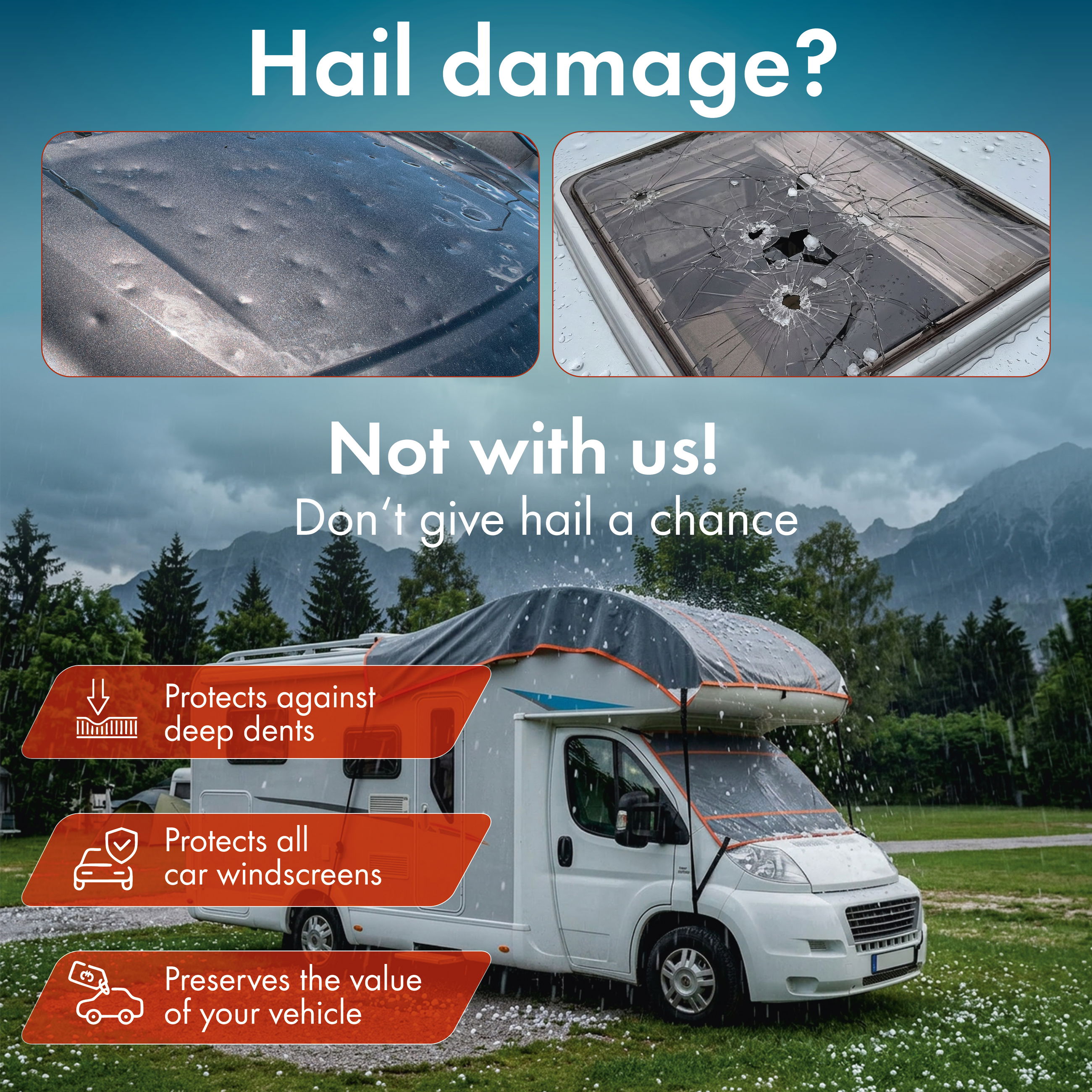Camping-Camper, Wohnmobil, Regenschutz, Windschutz, Glasbruchschutz, Regensschutz, Fahrzeugbeschlag, Wohnmobil, Fensterscheibe, Hagelschaden, Wohnwagen, Campingwagen, Windschutzscheibe, Hagelschaden, Dachschaden, RV, Caravan, Windshield, Dented, Schaden