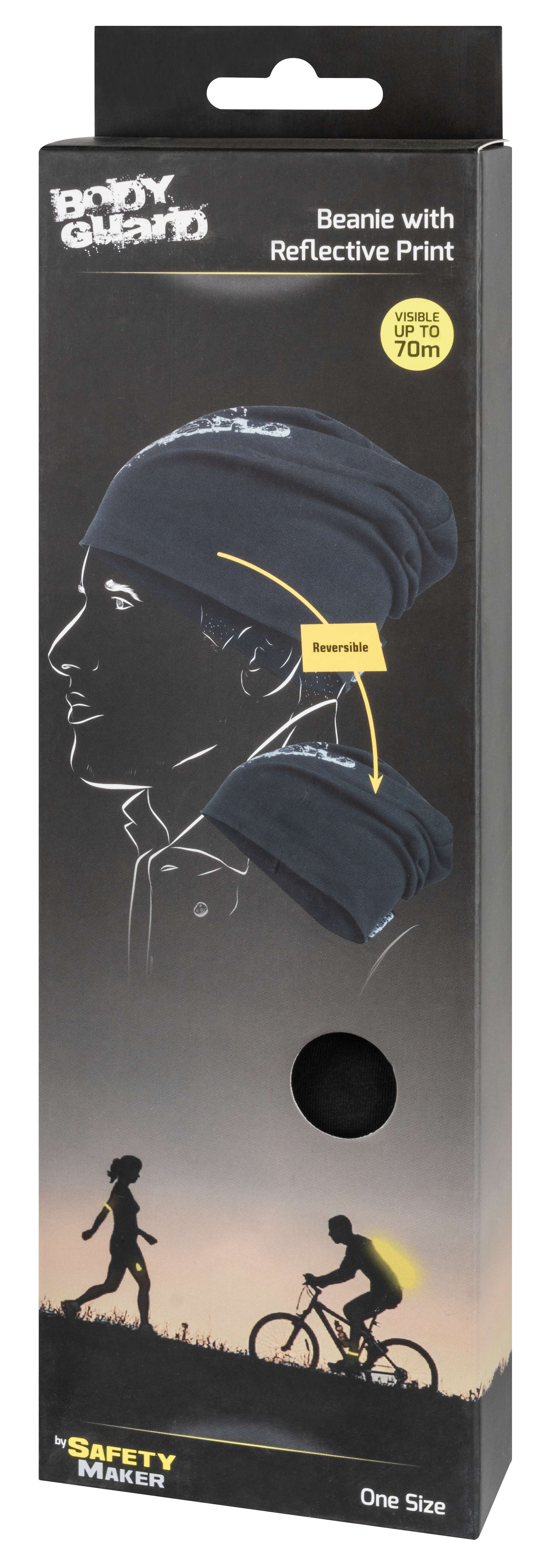 Wende Beanie, Mütze, Sportmütze mit reflektierendem Druck schwarz-silber