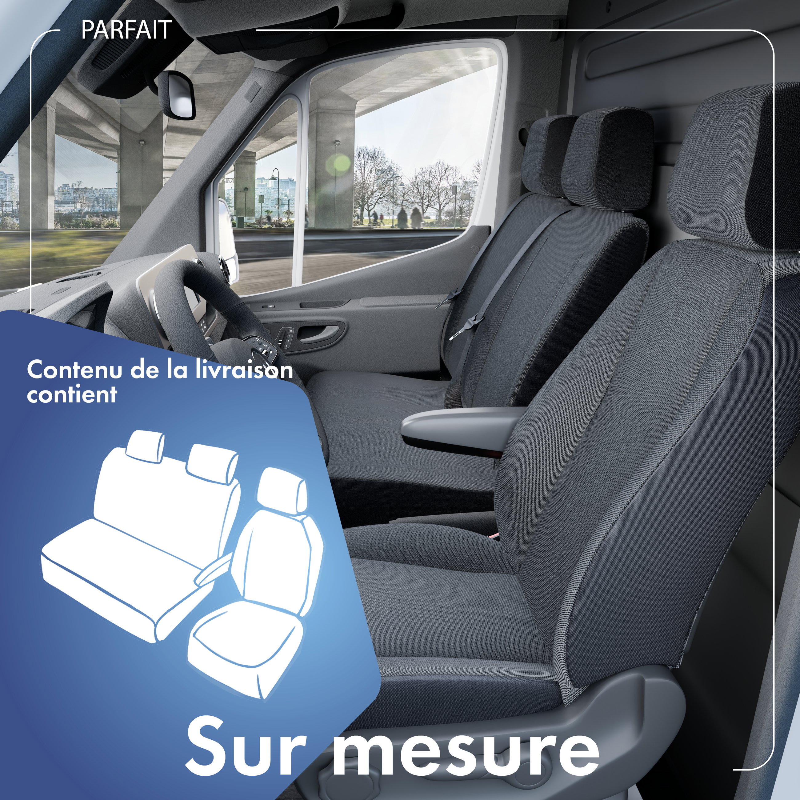 Housse de siège Transporter en tissu pour Mercedes Vito/Viano, 1 siège individuel à l'avant (évidement accoudoir) & banquette double à l'avant