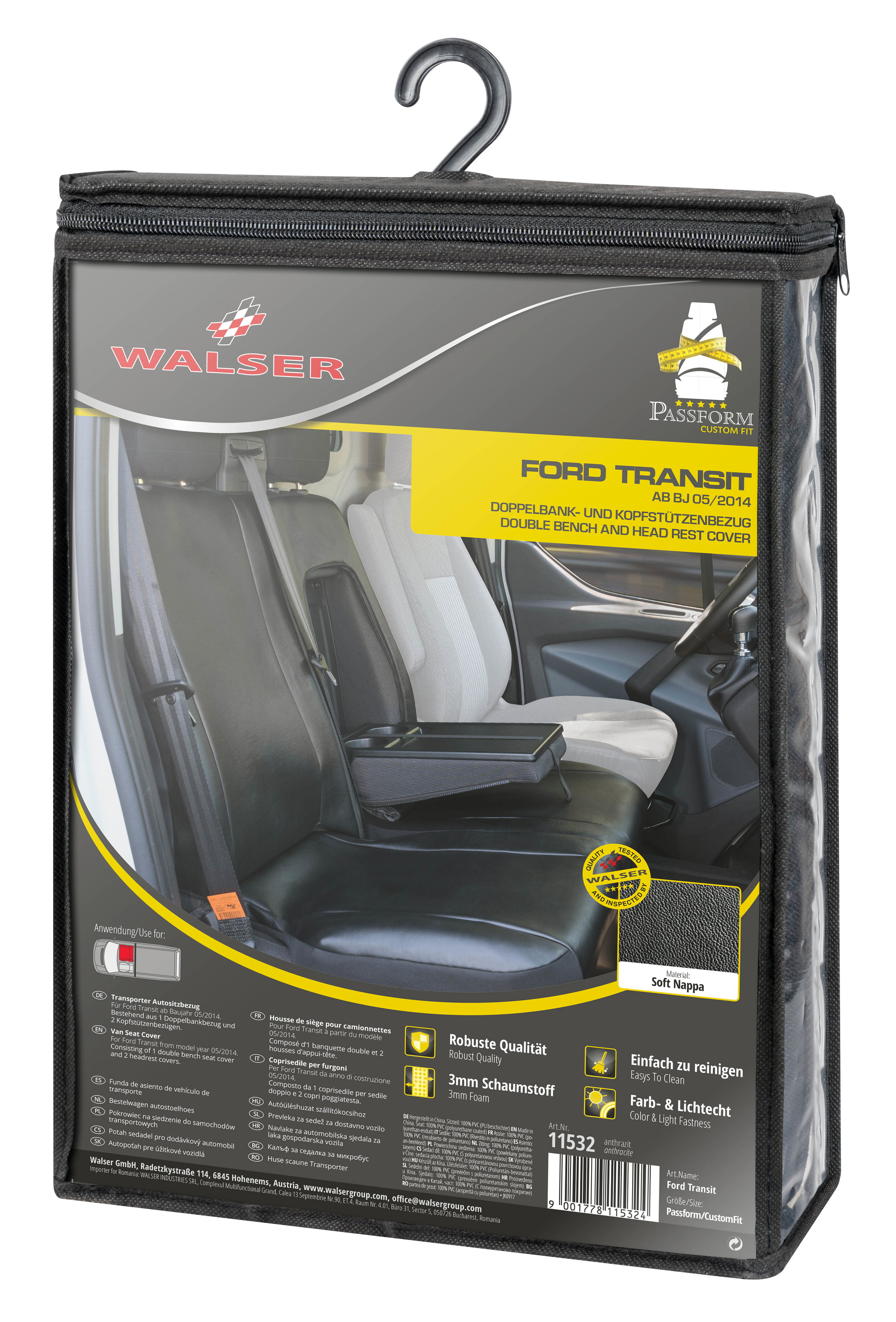 Housse de siège Transporter en simili cuir pour Ford Transit, Banquette double avant divisible (évidement table)