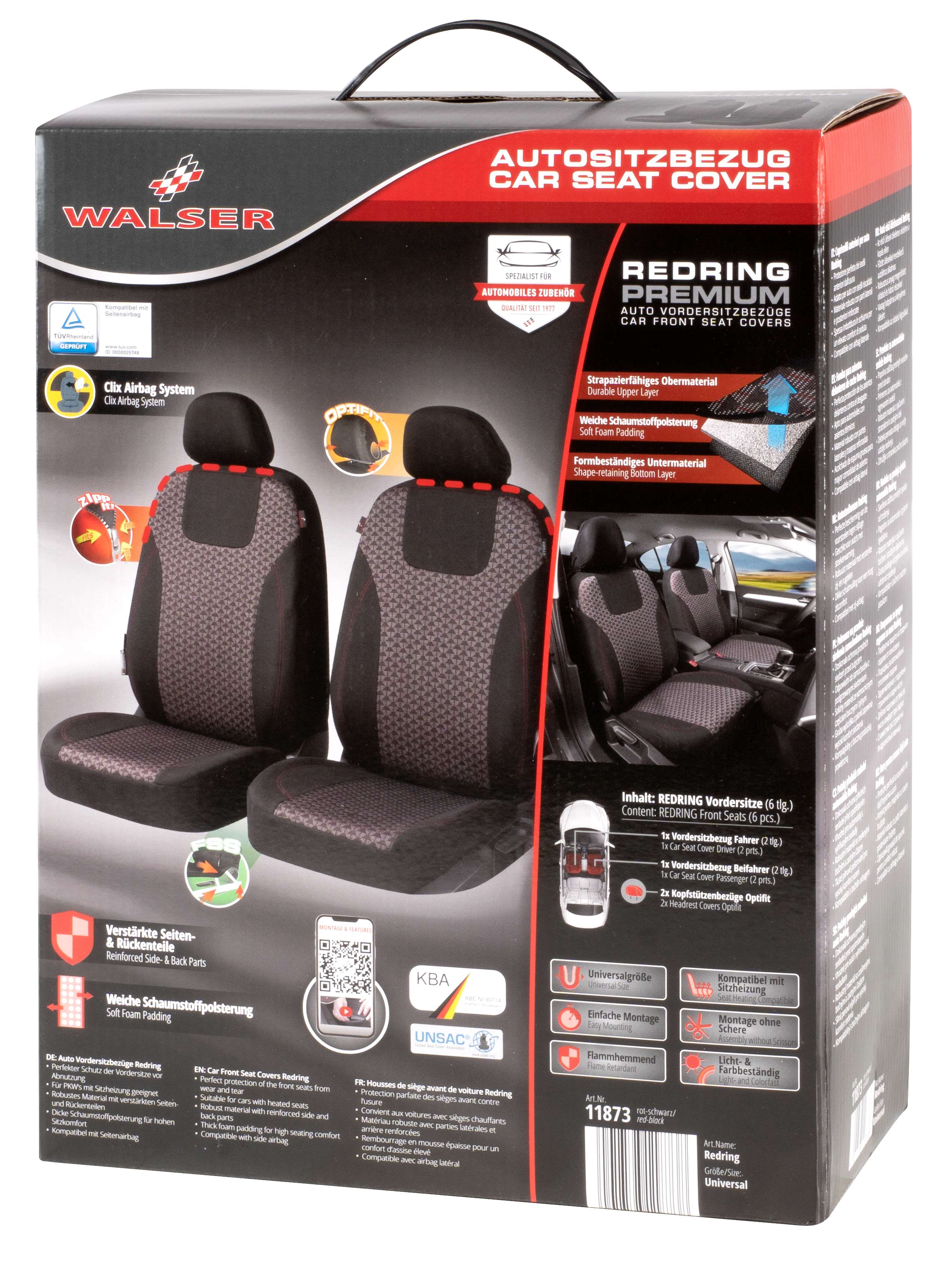 ZIPP IT Premium Car seat covers Redring for two front seats with zip-system black/red