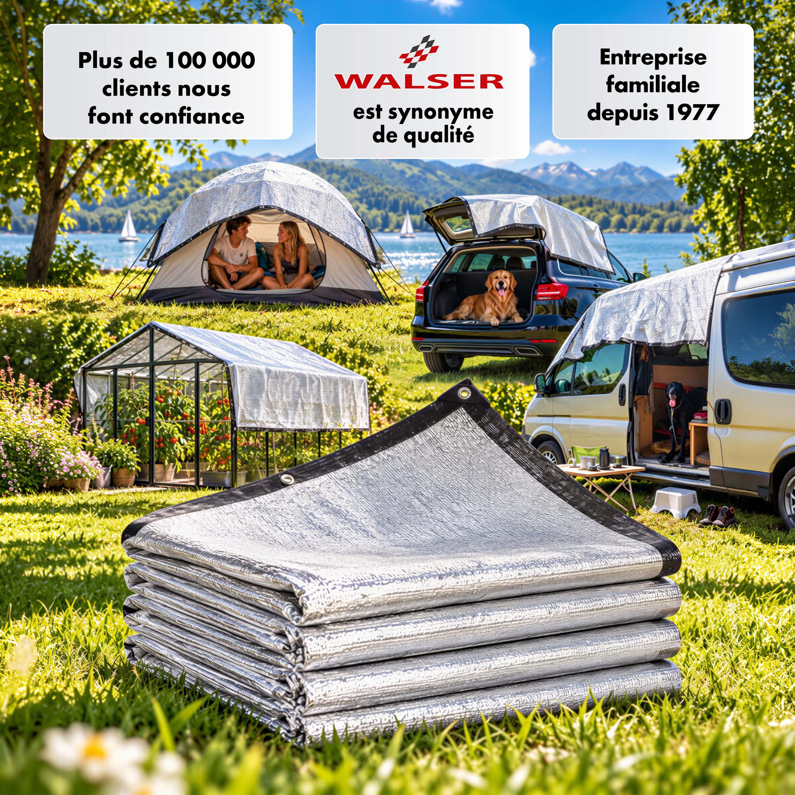 Filet pare-soleil Stay Cool, filet d'ombrage pour voiture (jusqu'à 20 °C plus frais), protection solaire pour chien avec protection UV, voile d'ombrage, pare-soleil pour voiture argent 4x6m