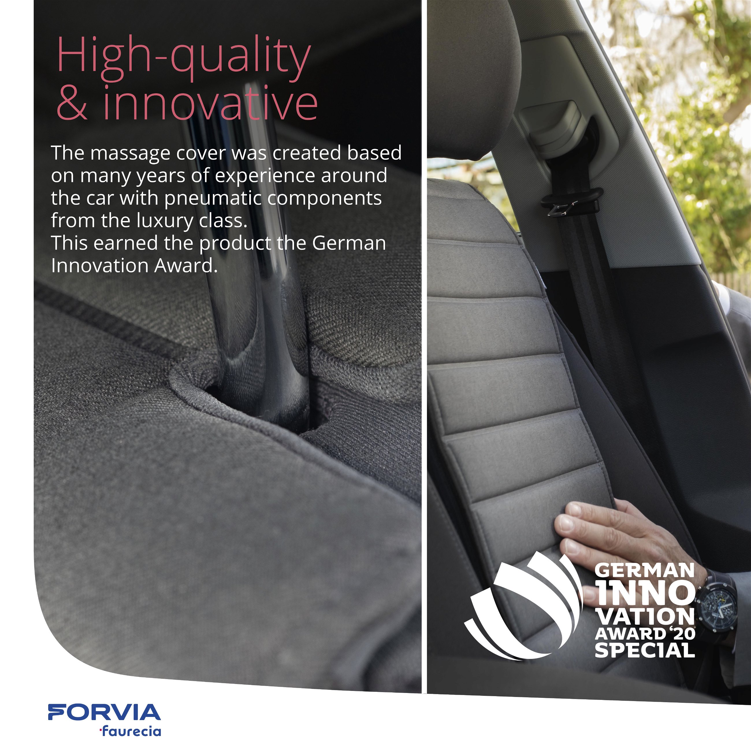Faurecia Smart Massage Cover car massage seat cushion with app control and integrated battery car seat pad certified by the Healthy Back Campaign