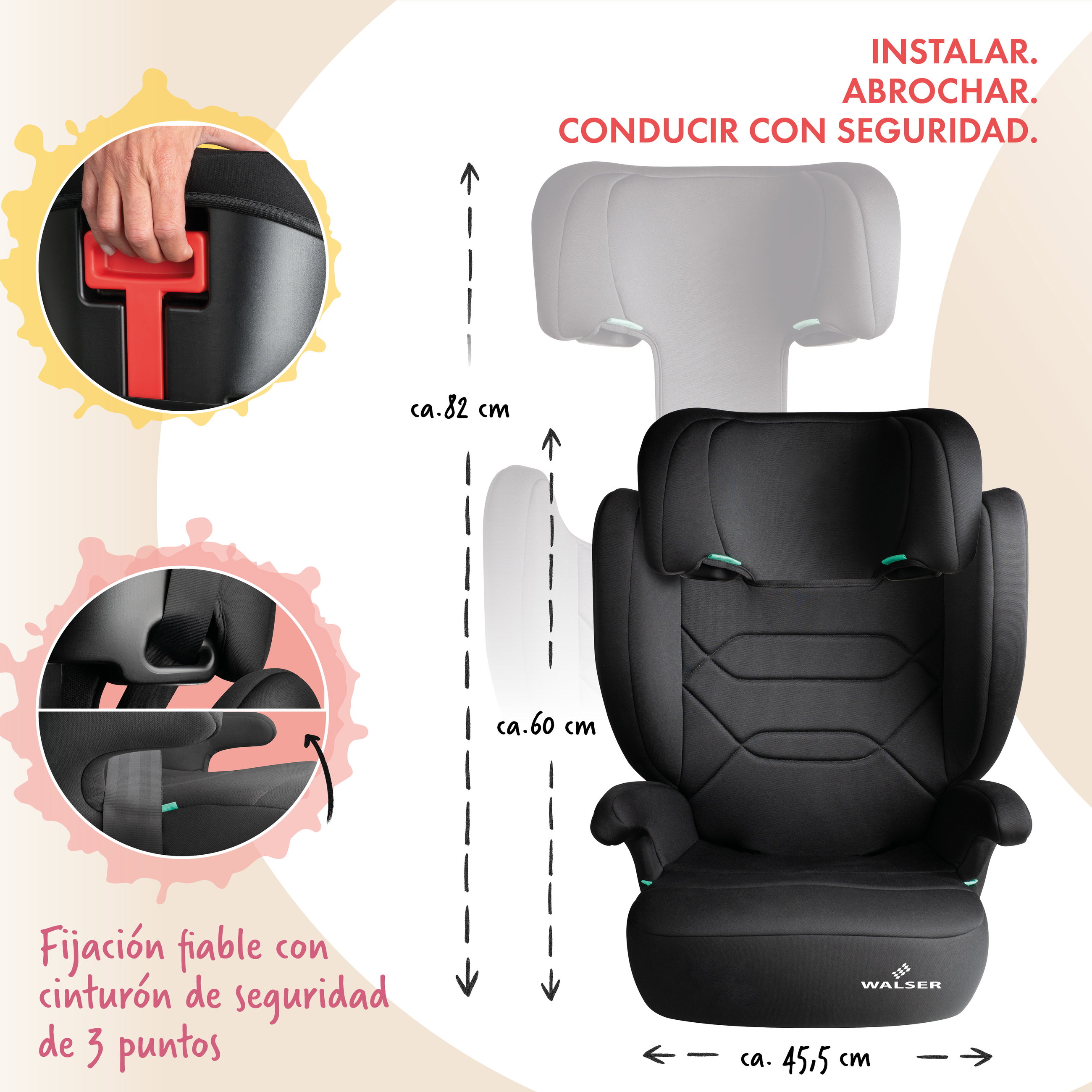 Asiento infantil coche Numa, cómodo asiento infantil (3-8 años) 100-150 cm, 2in1 coche asiento infantil con desmontable respaldo y mitwachsender reposacabezas ECE R 129 certificado negro