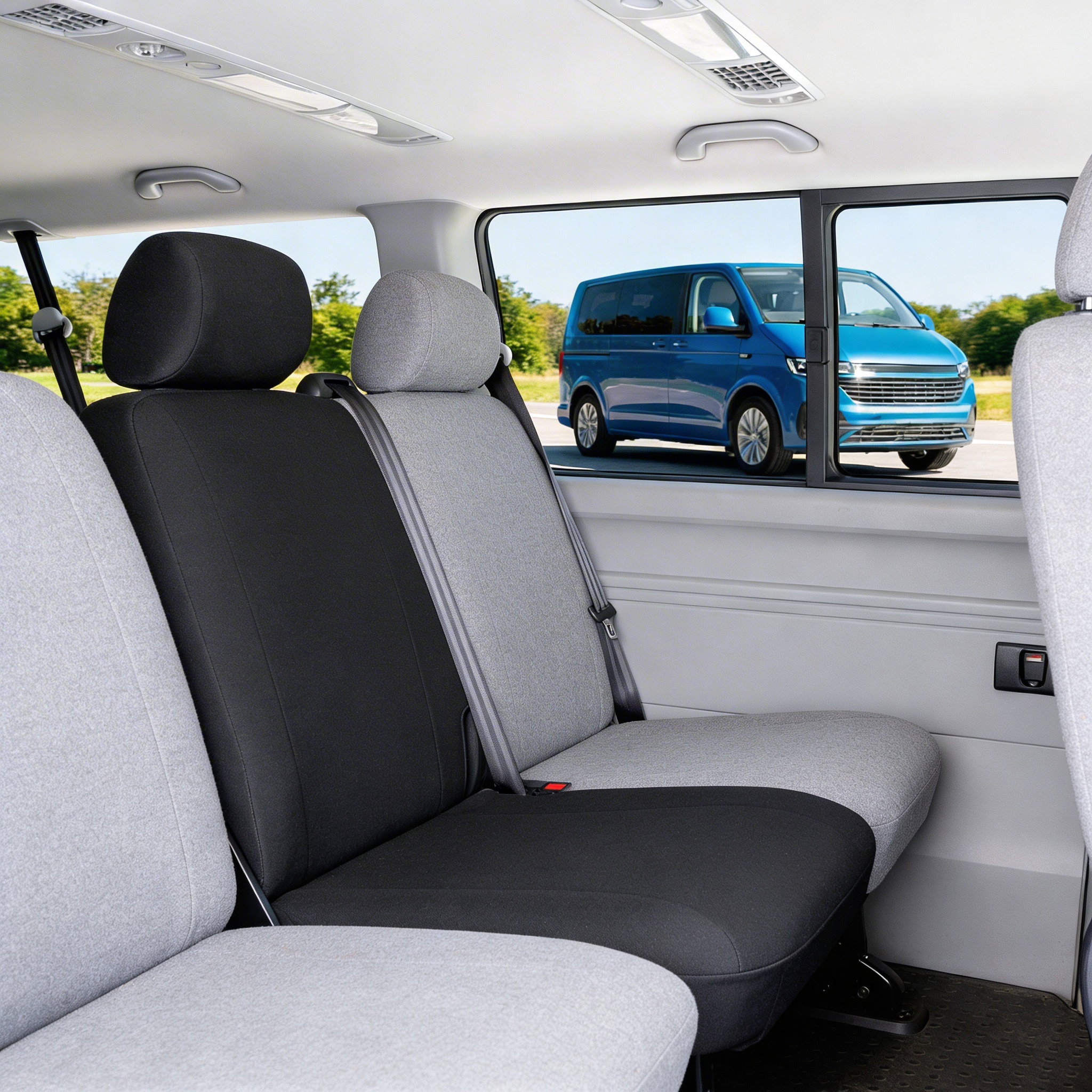 Sitzreihe, Autoinnenraum, Schwarz/Grau, Sitzbezug, Sitzgurt, Kleinbus, Van, Rücksitzbank, Schwarz-Grau Sitze, Fensteransicht