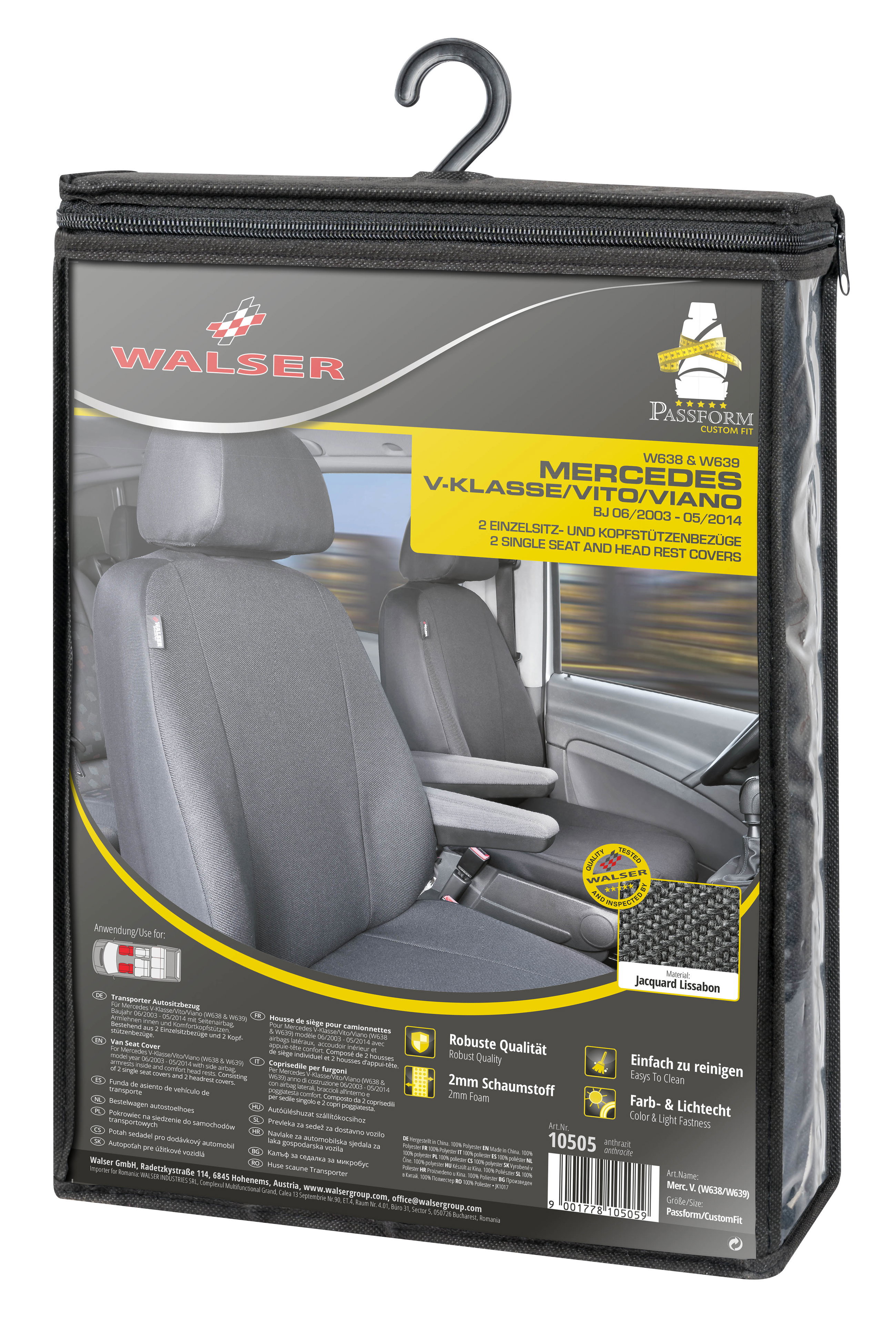 Mercedes-Benz Viano/Vito (W639) kompatibler Sitzbezug Stoff, passgenau für 2 Einzelsitze vorne (Ausnehmung Armlehne innen), robuste Sitzbezüge Transporter/Van anthrazit