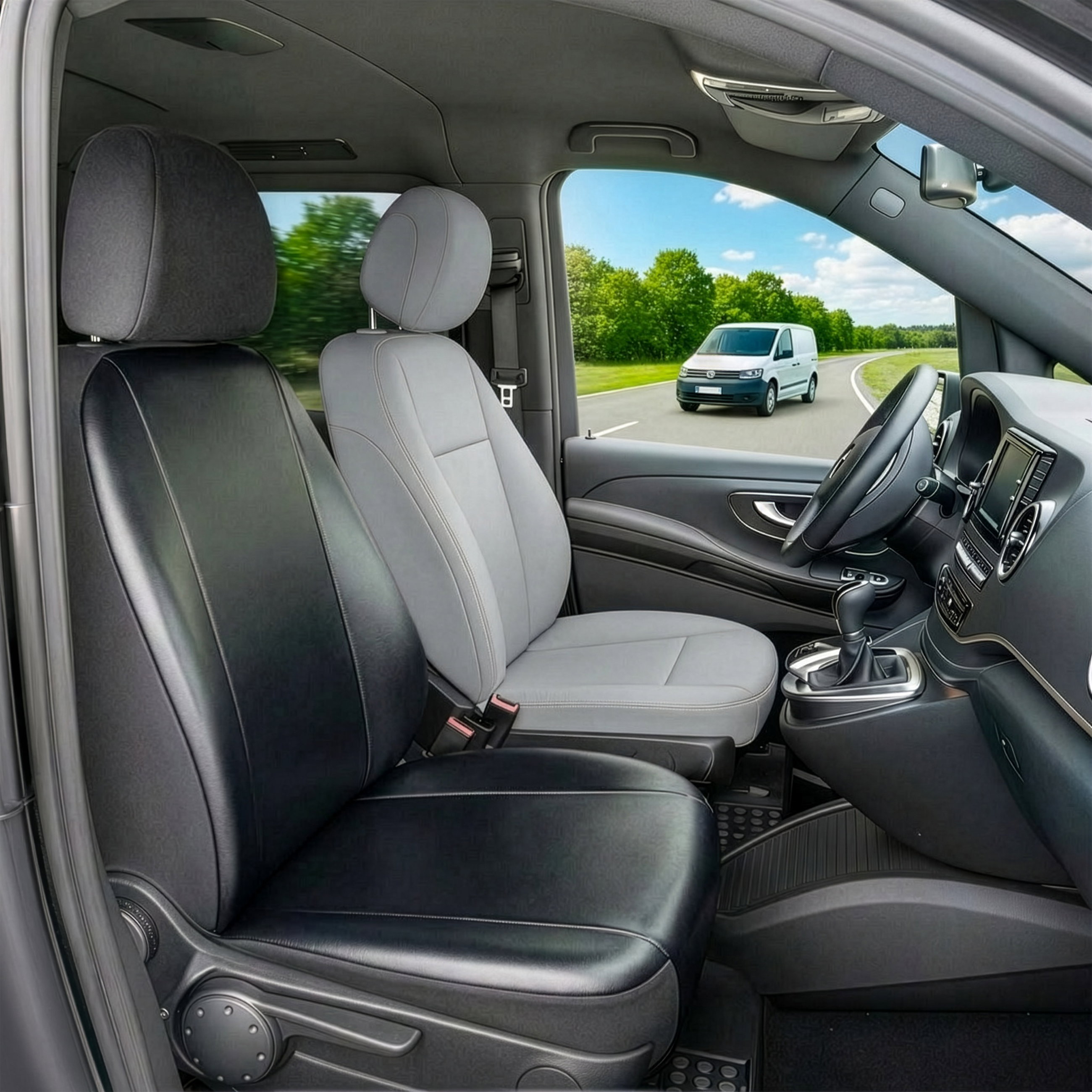 VW T5 kompatibler Sitzbezug Kunstleder, passgenau für Einzelsitz vorne, robuste Sitzbezüge Transporter/Van anthrazit
