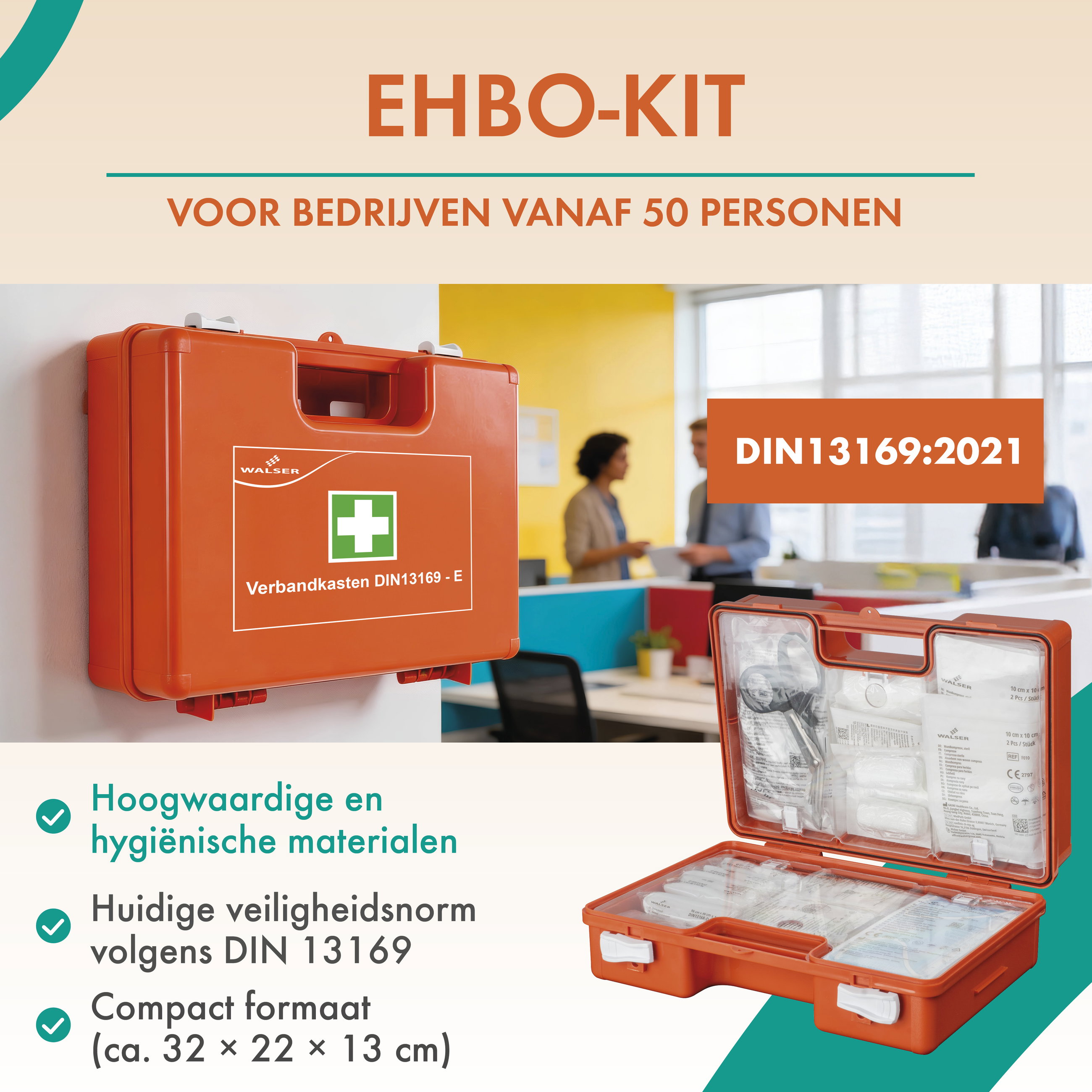 EHBO-set volgens DIN 13169:2021, bedrijfsverbandkoffer incl. wandhouder, EHBO-koffer met 166 onderdelen, voor bedrijven vanaf 50 personen, voor kantoor/thuis