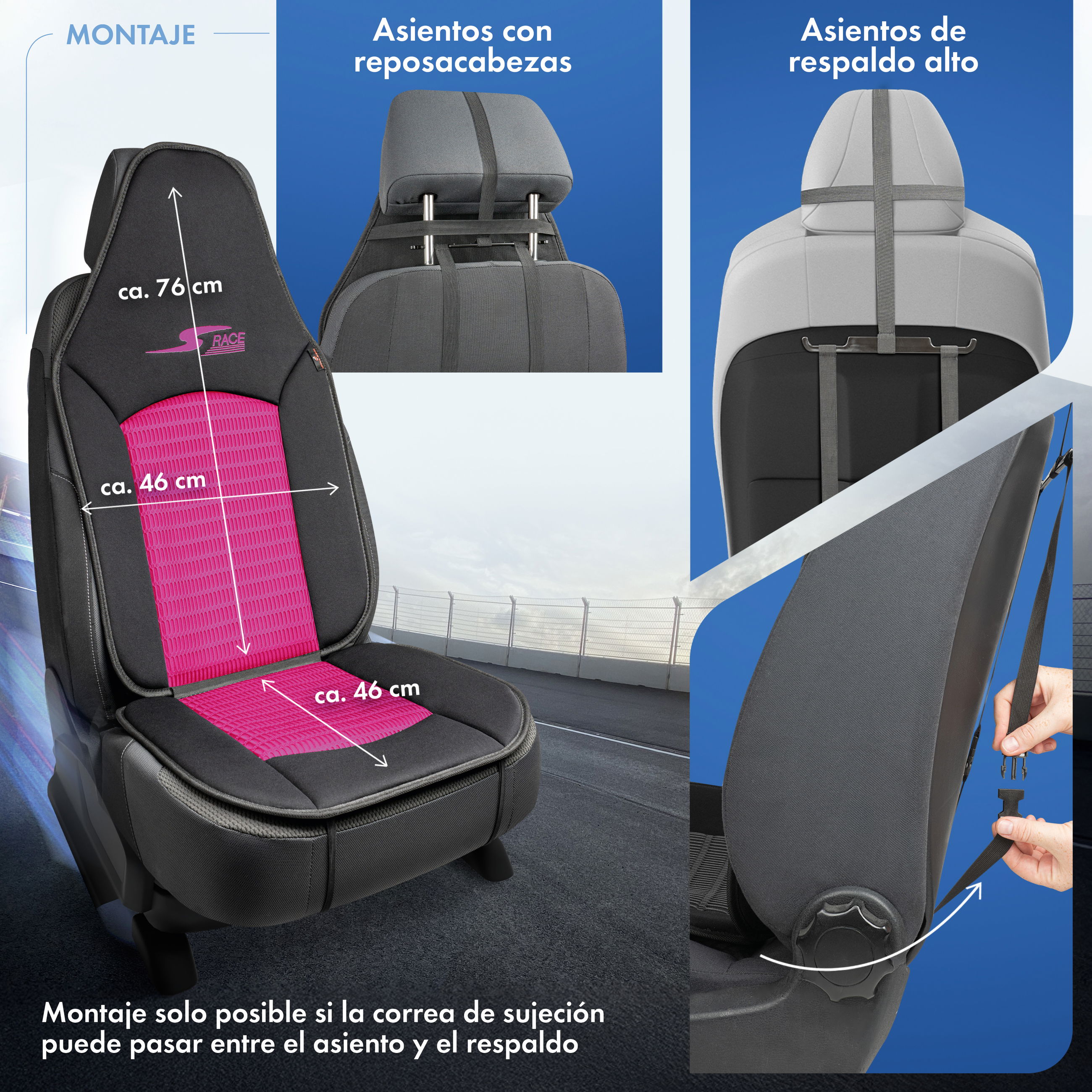Cojín de asiento S-Race, coche protector de asiento para Highback-/asientos tipo piloto, coche protector de asiento asientos delanteros rosa, 1 pieza