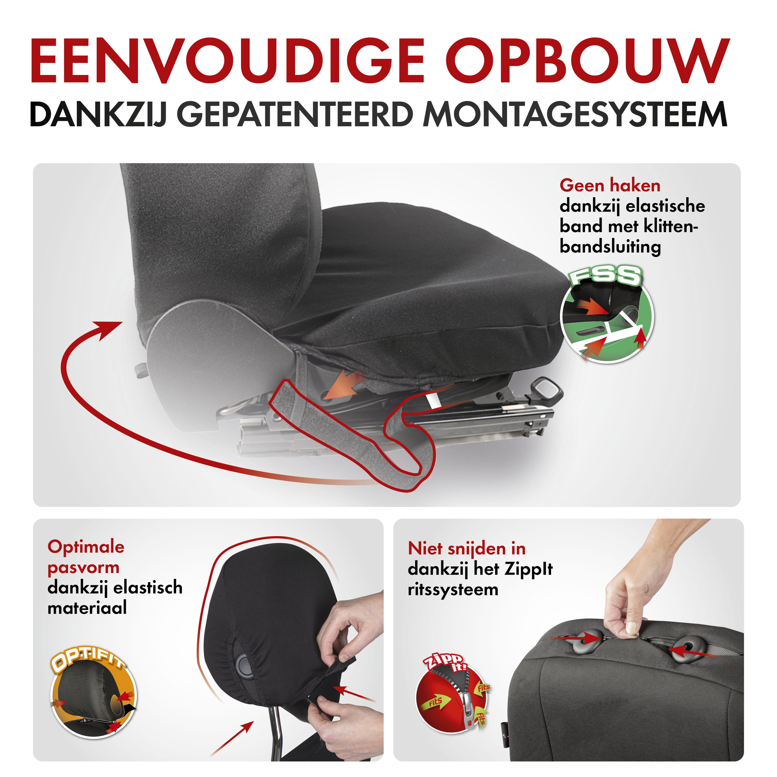 Premium autozetelhoezen Logan met rits, ZIPP-IT zetelhoezen, 2 voorzetelhoezen zwart rood